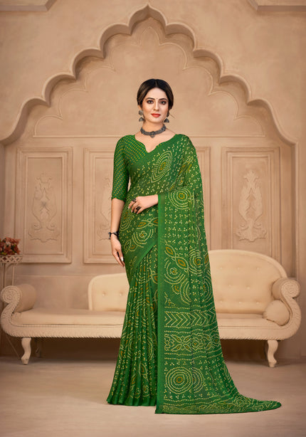 Graphic Print, Printed Bandhani Chiffon, Georgette Saree (green)