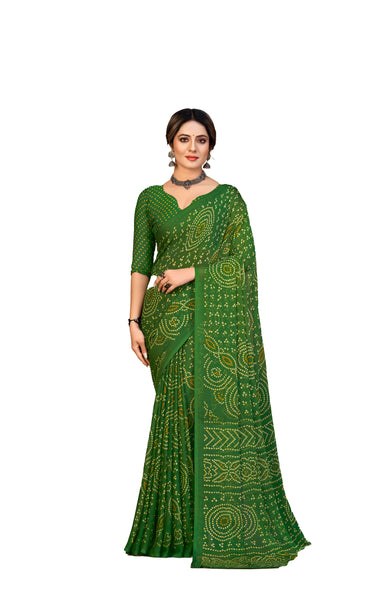 Graphic Print, Printed Bandhani Chiffon, Georgette Saree (green)