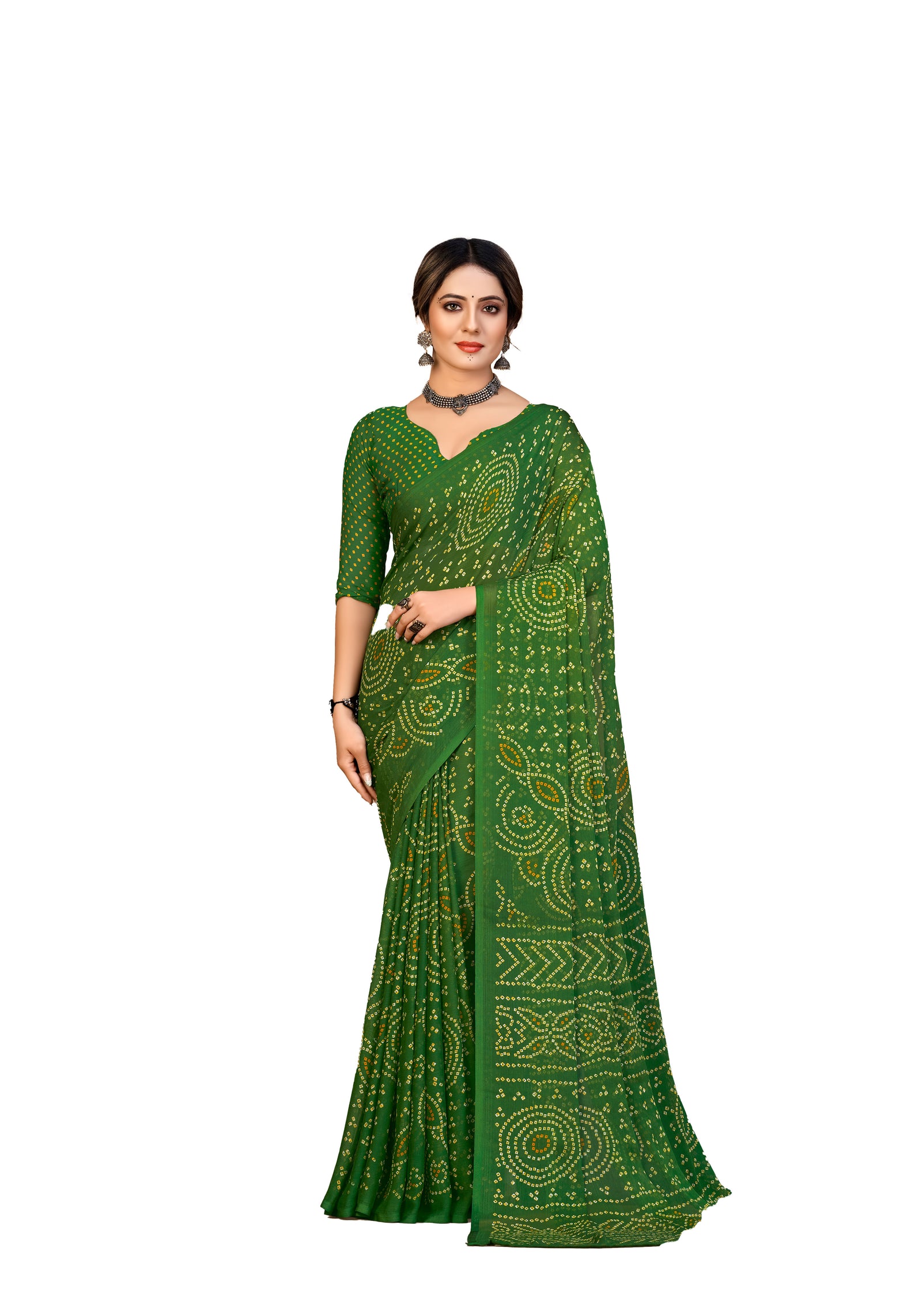 Georgette Bandhani Print Saree Festive Ethnic Wear with Blouse Piece (Green)