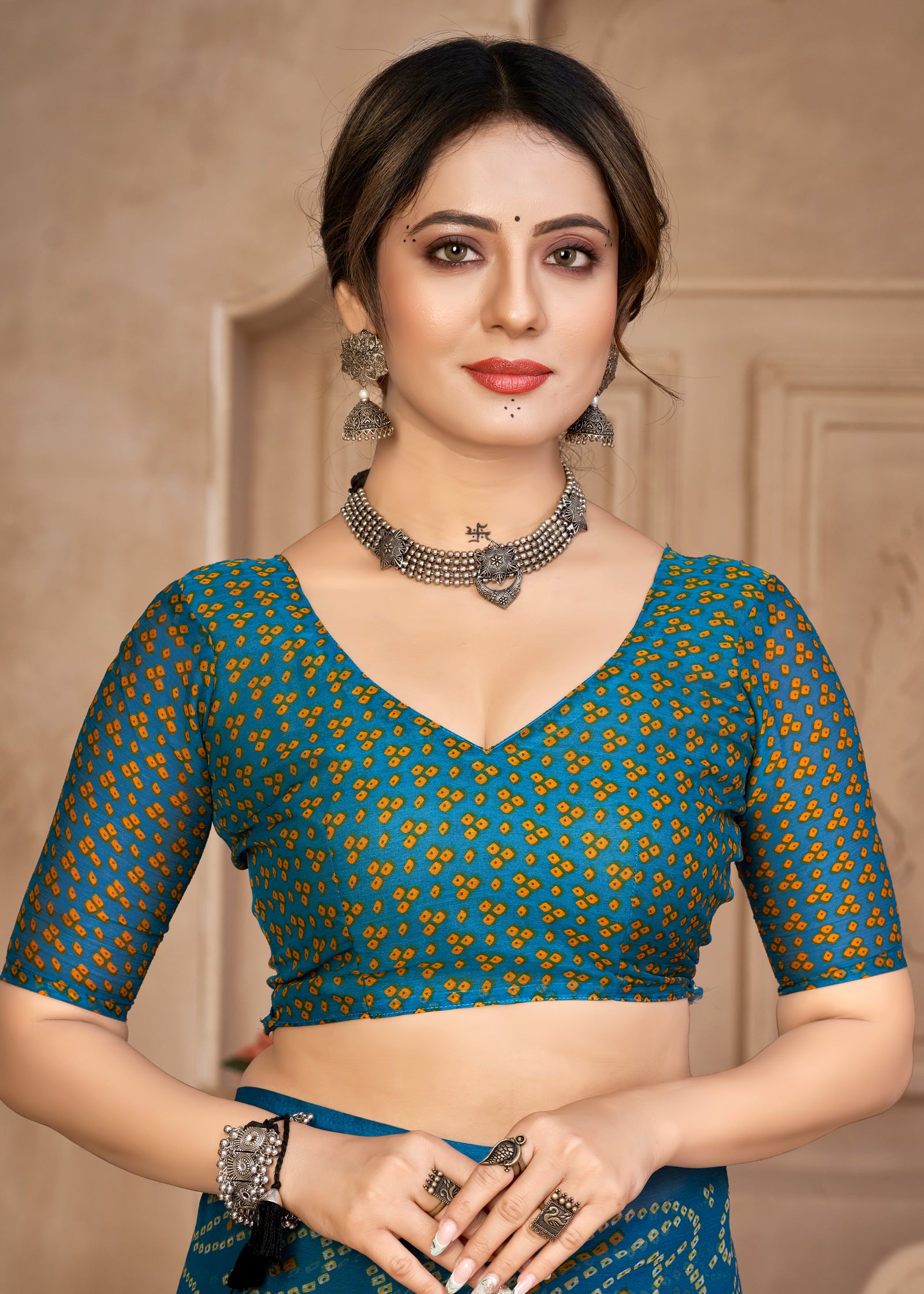 Georgette Bandhani Print Saree Festive Ethnic Wear with Blouse Piece (Blue)
