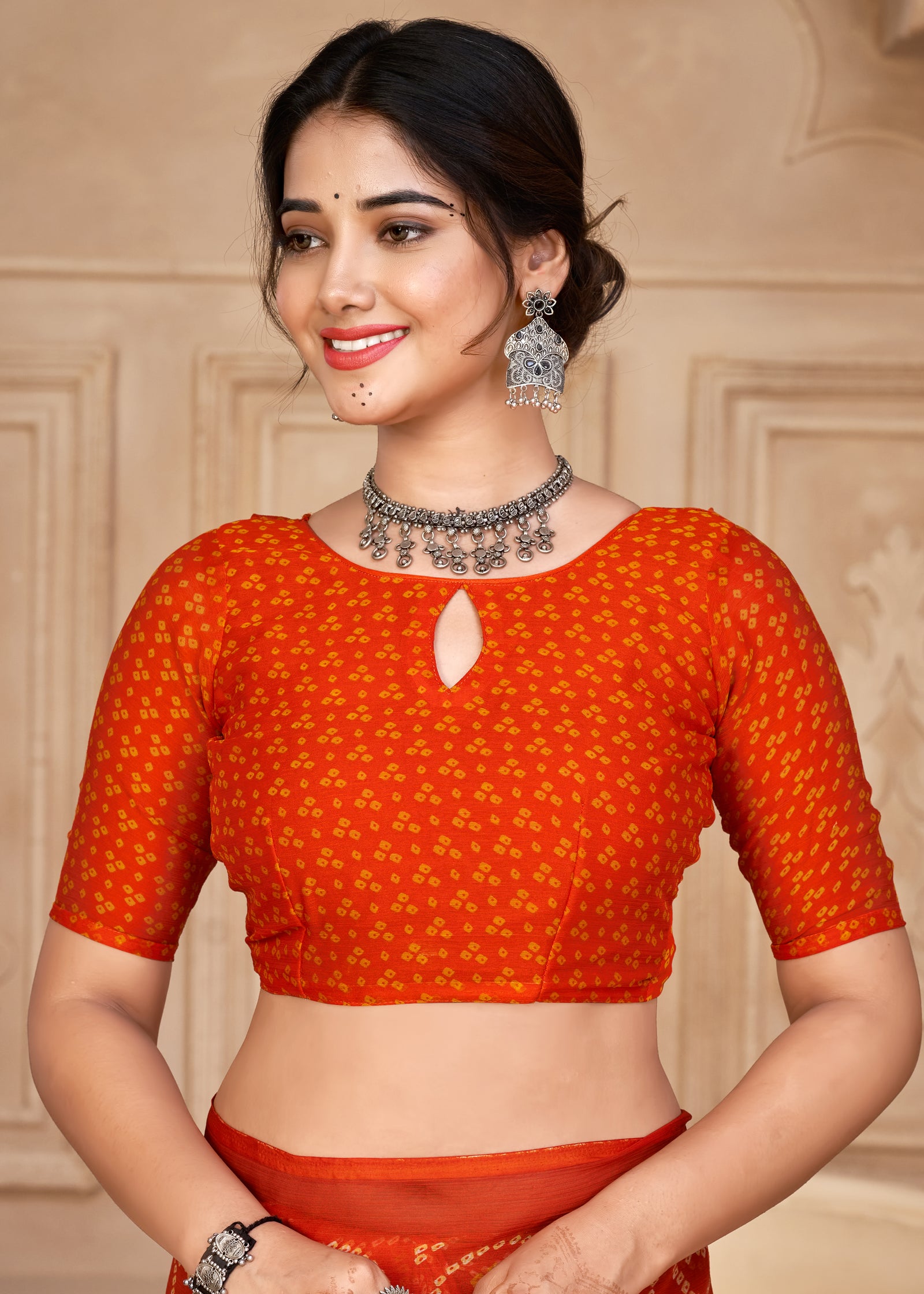 Georgette Bandhani Print Saree Festive Ethnic Wear with Blouse Piece (Orange)