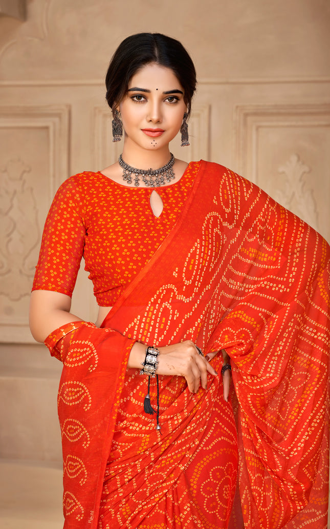 Graphic Print, Printed Bollywood Chiffon, Georgette Saree (Orange)