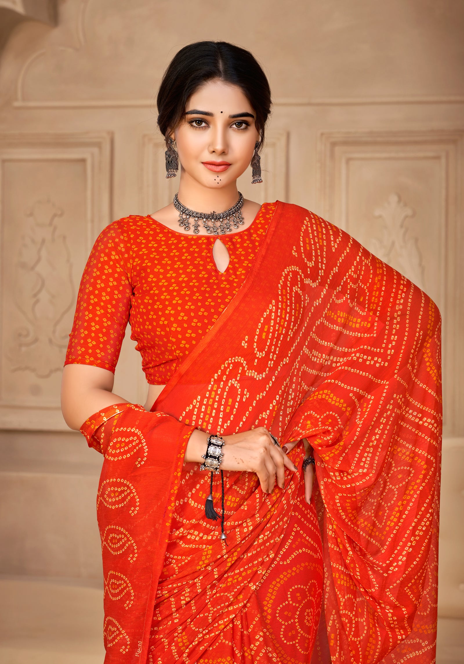 Georgette Bandhani Print Saree Festive Ethnic Wear with Blouse Piece (Orange)