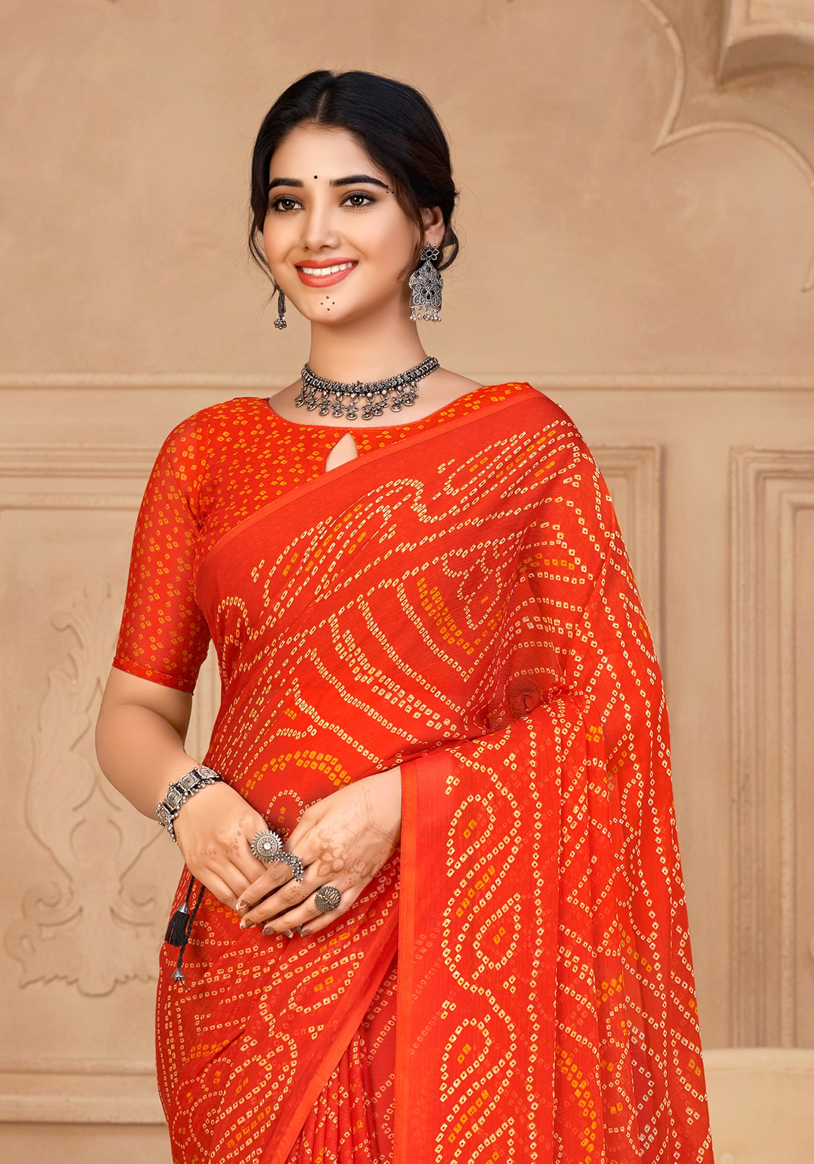 Georgette Bandhani Print Saree Festive Ethnic Wear with Blouse Piece (Orange)