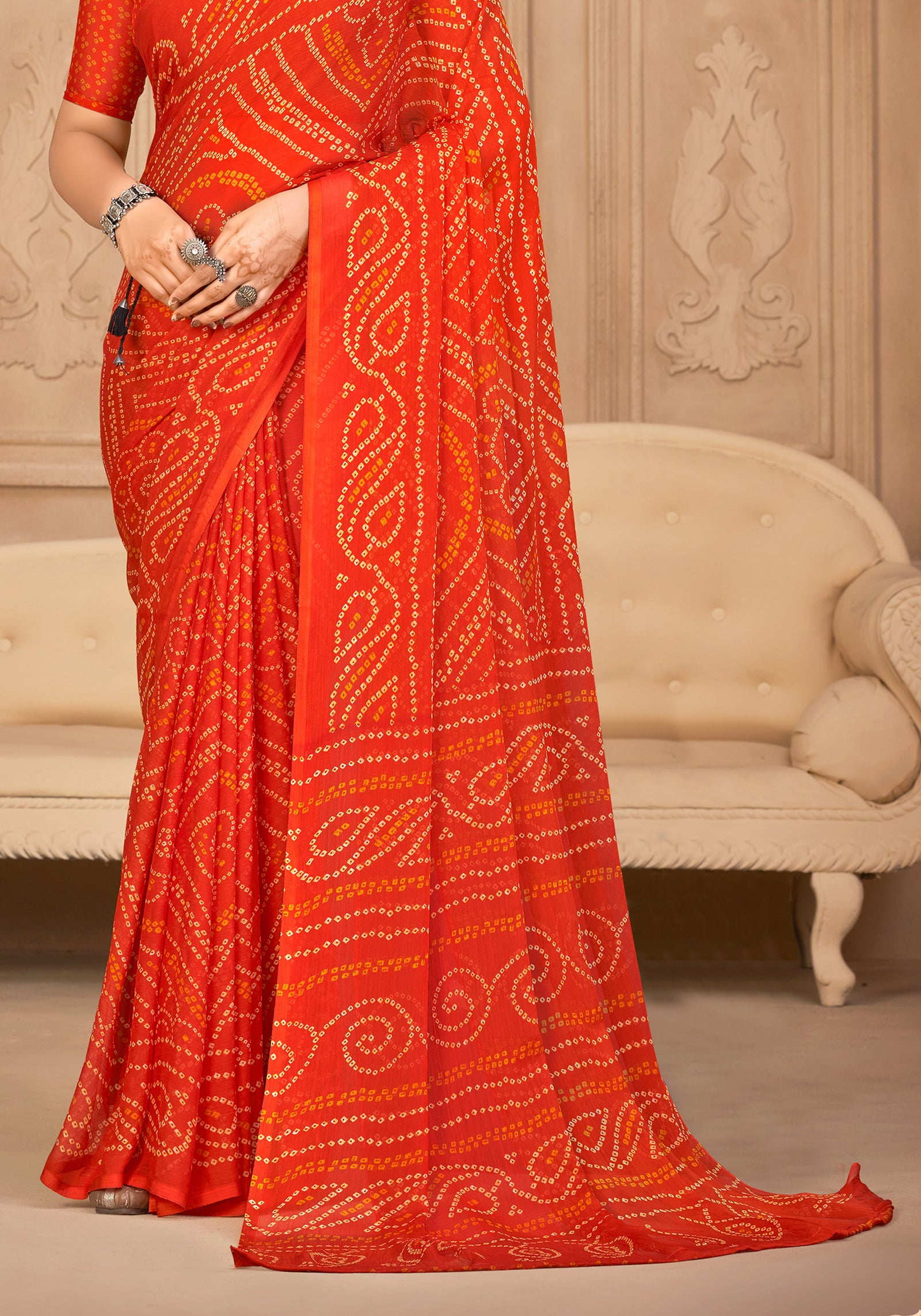 Georgette Bandhani Print Saree Festive Ethnic Wear with Blouse Piece (Orange)