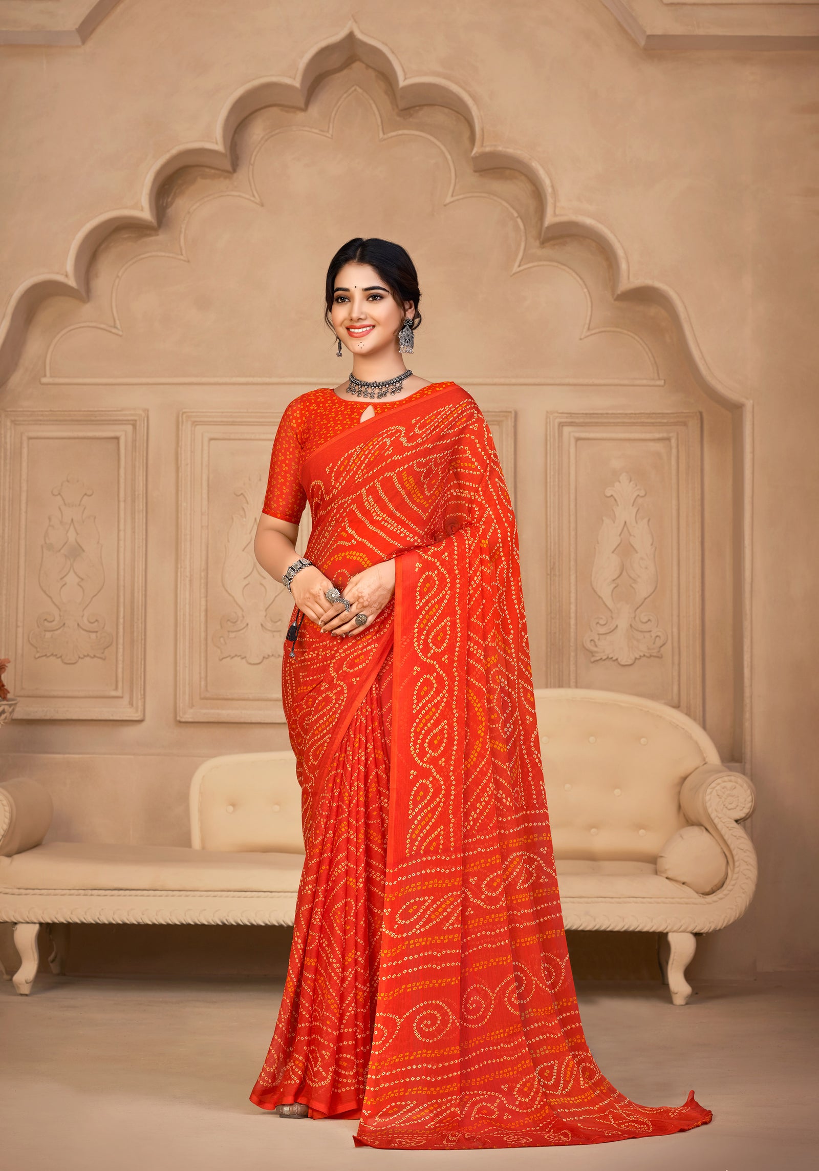 Georgette Bandhani Print Saree Festive Ethnic Wear with Blouse Piece (Orange)