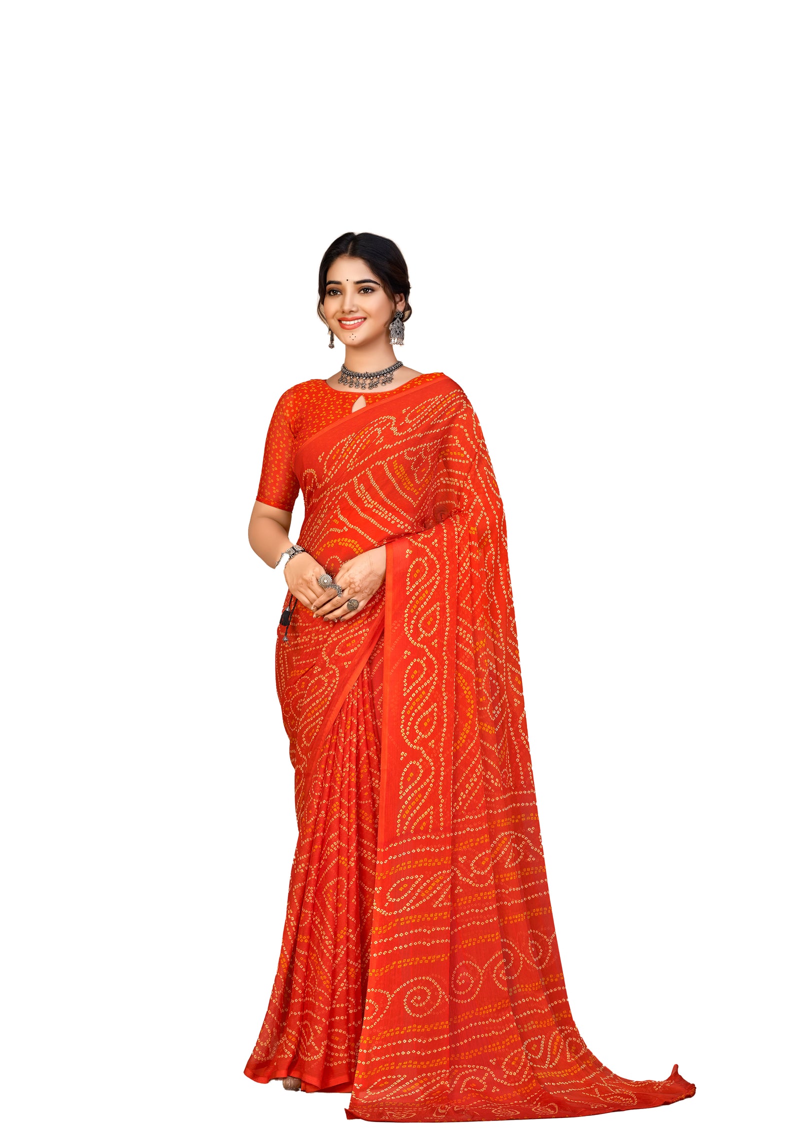 Georgette Bandhani Print Saree Festive Ethnic Wear with Blouse Piece (Orange)