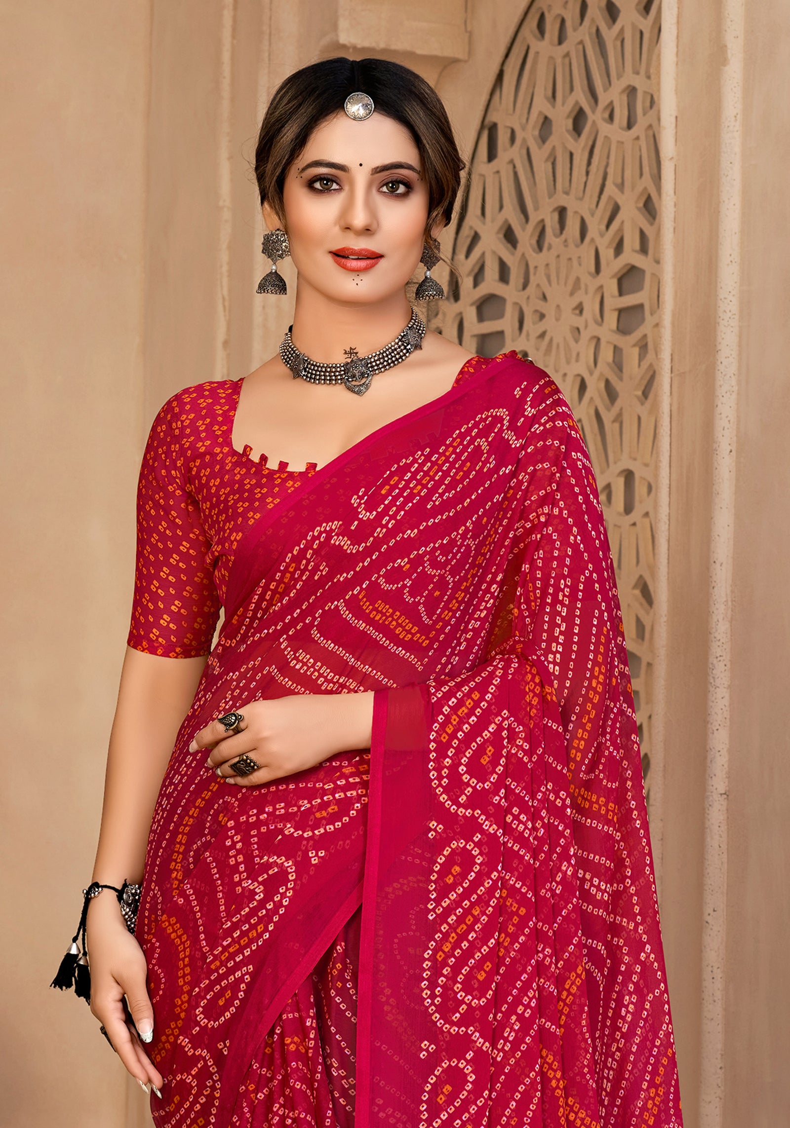 Georgette Bandhani Print Saree Festive Ethnic Wear with Blouse Piece (Pink)