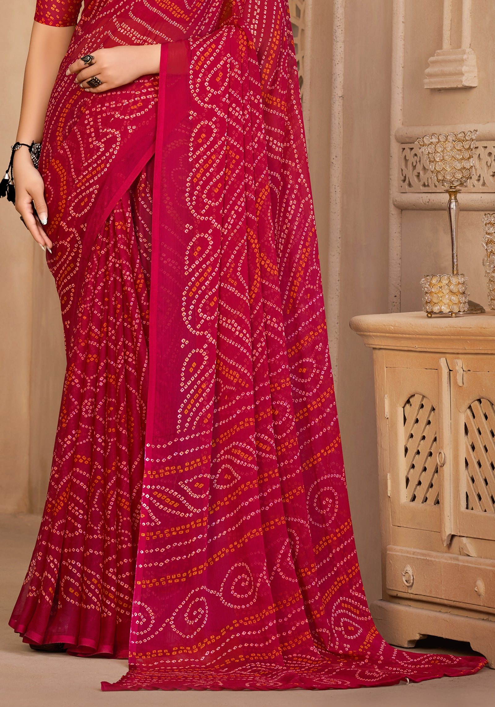 Georgette Bandhani Print Saree Festive Ethnic Wear with Blouse Piece (Pink)