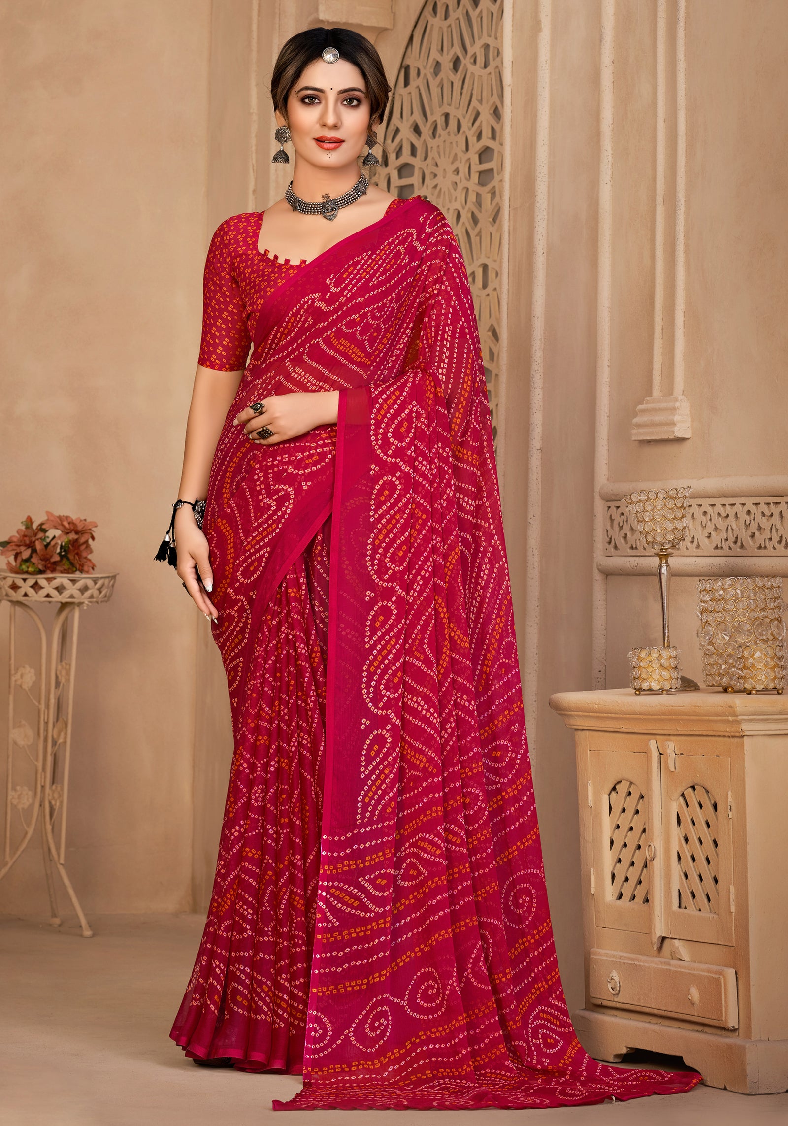Georgette Bandhani Print Saree Festive Ethnic Wear with Blouse Piece (Pink)