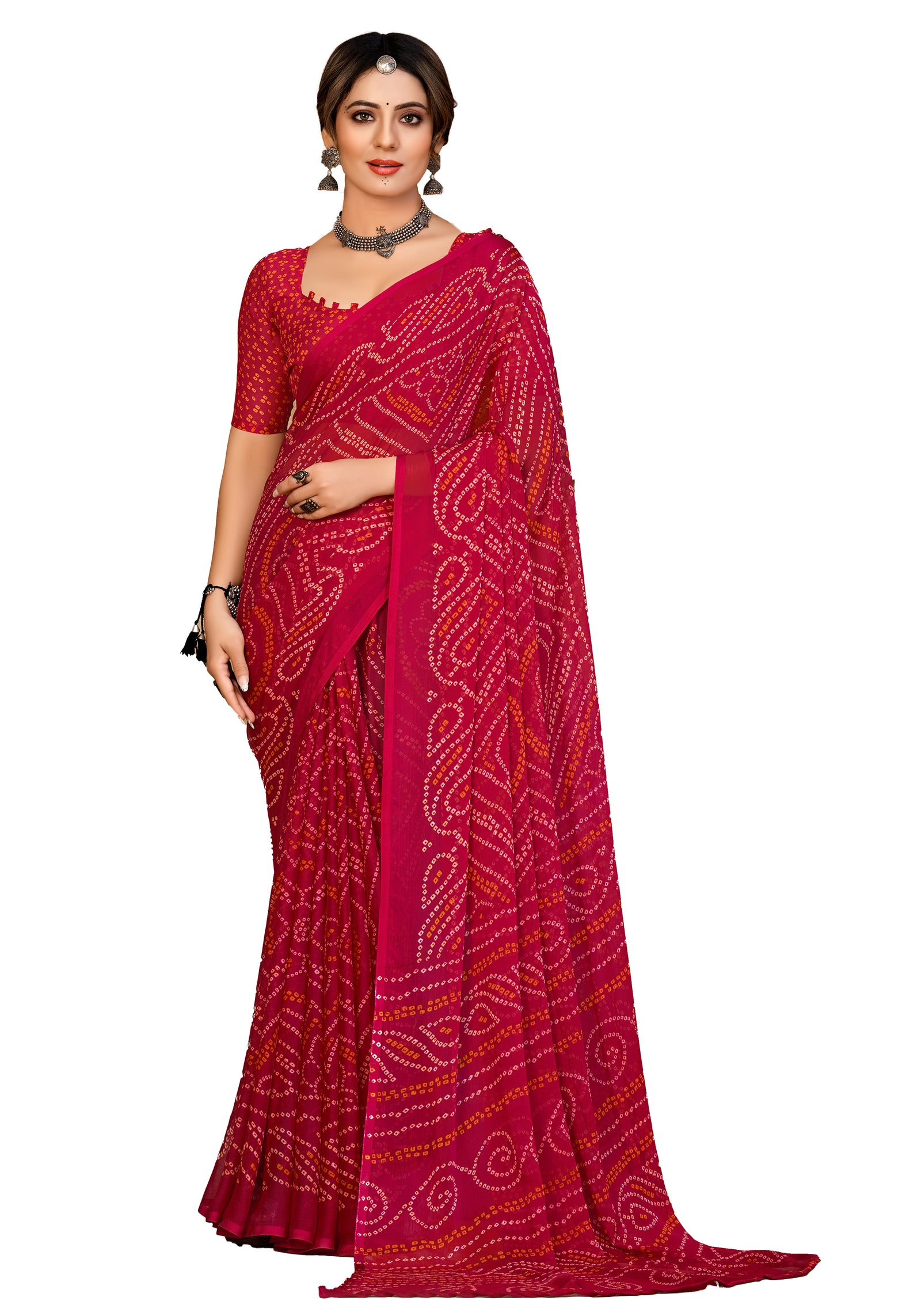 Georgette Bandhani Print Saree Festive Ethnic Wear with Blouse Piece (Pink)