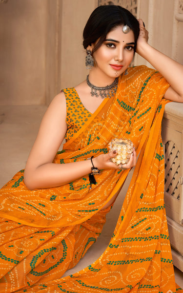 Graphic Print, Printed Bollywood Chiffon, Georgette Saree (Yellow)
