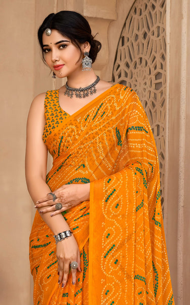Graphic Print, Printed Bollywood Chiffon, Georgette Saree (Yellow)