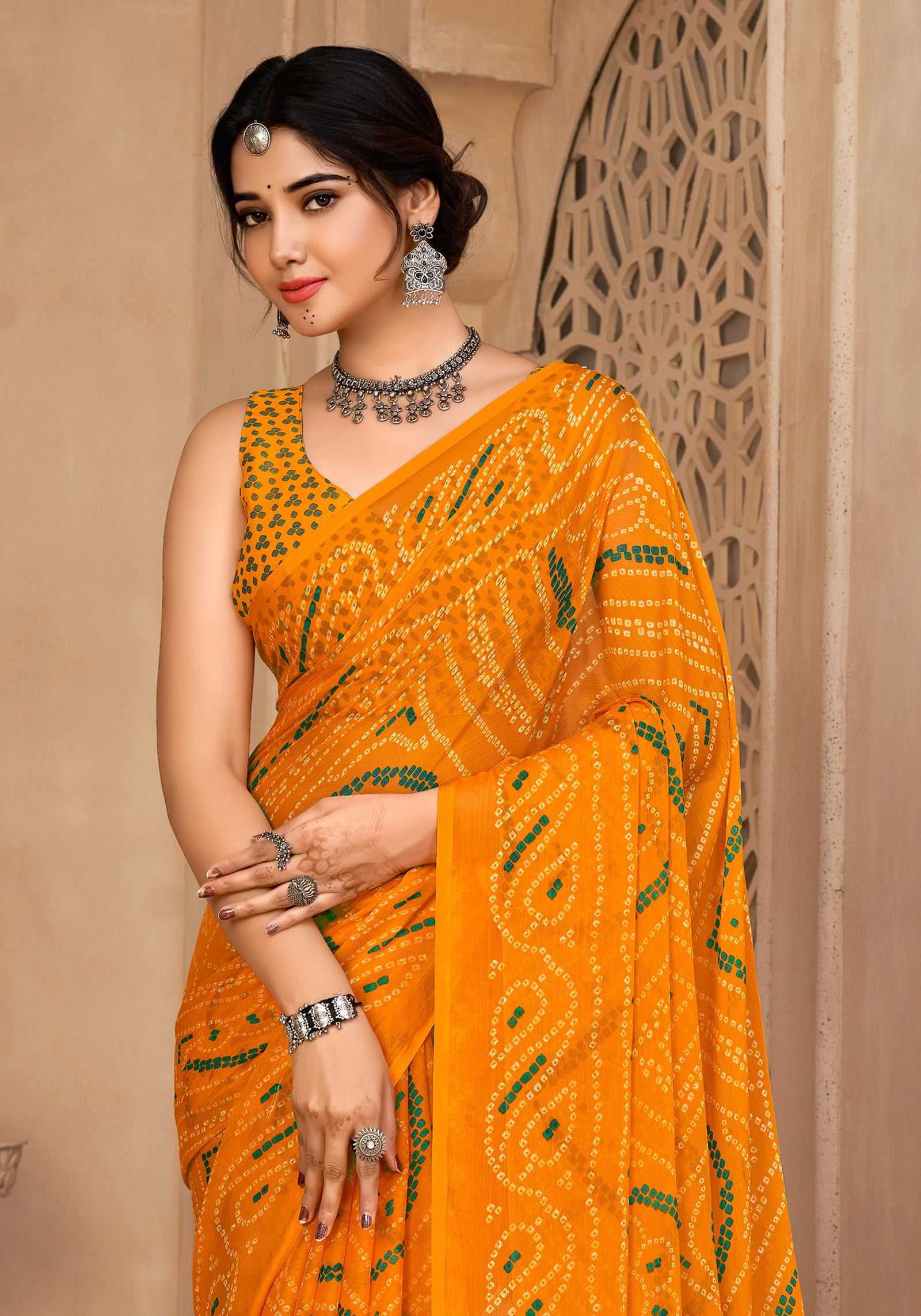 Georgette Bandhani Print Saree Festive Ethnic Wear with Blouse Piece (Yellow)