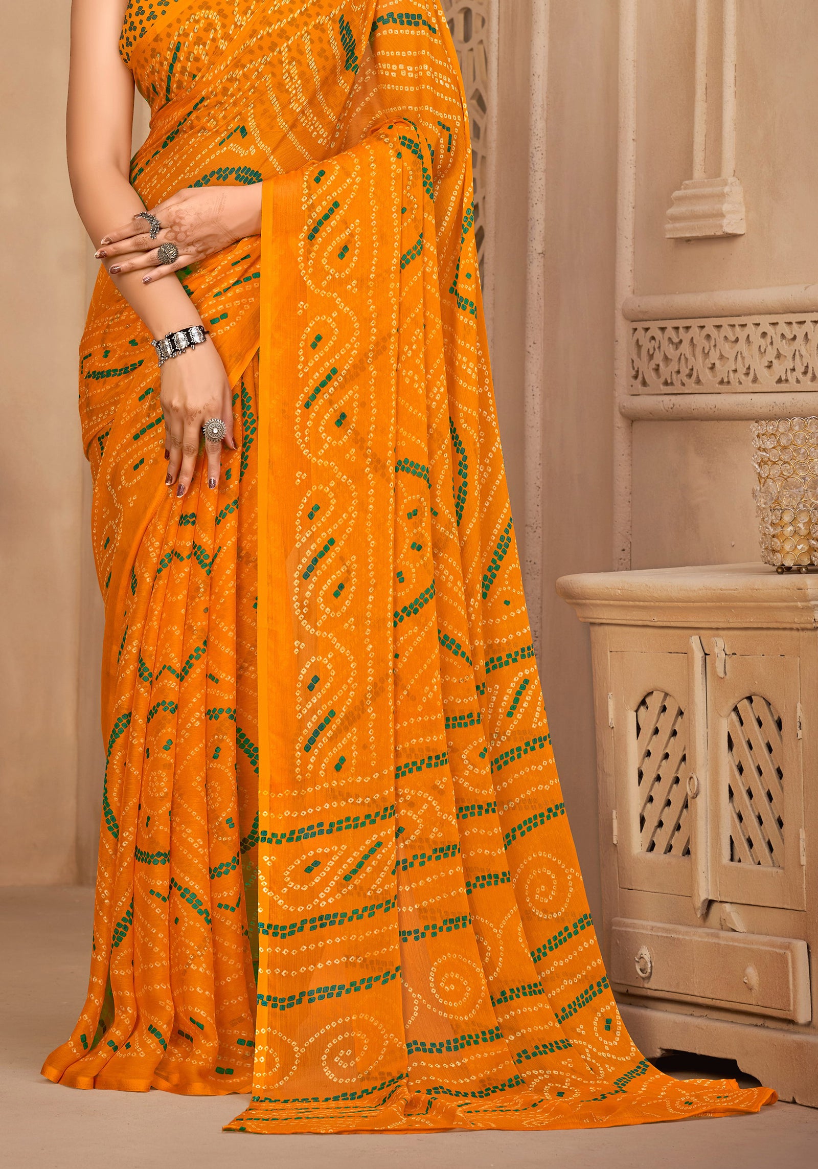 Georgette Bandhani Print Saree Festive Ethnic Wear with Blouse Piece (Yellow)