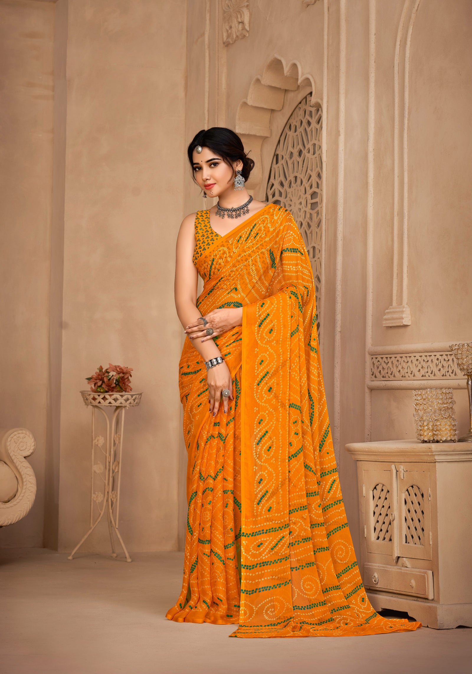 Georgette Bandhani Print Saree Festive Ethnic Wear with Blouse Piece (Yellow)