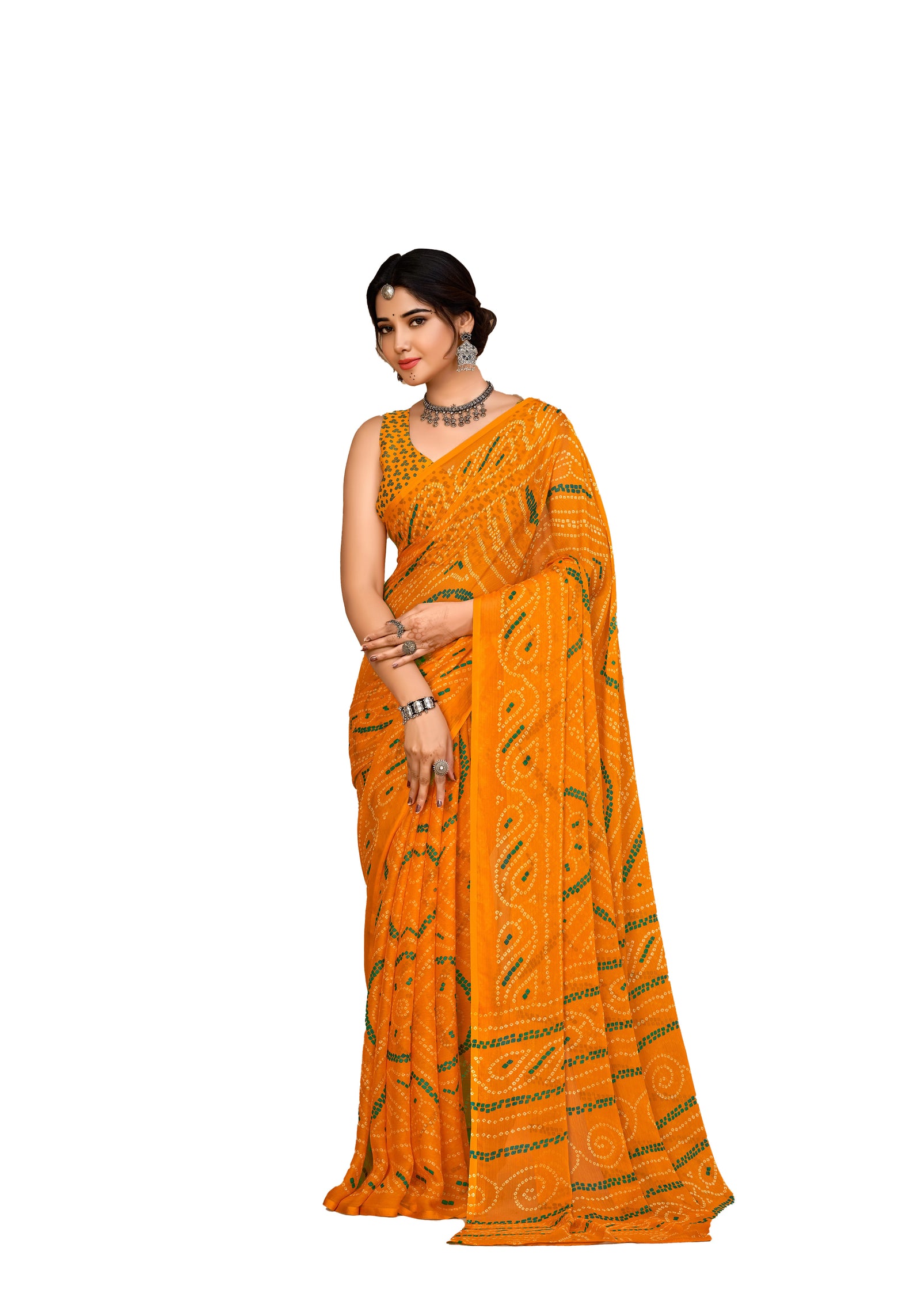 Georgette Bandhani Print Saree Festive Ethnic Wear with Blouse Piece (Yellow)