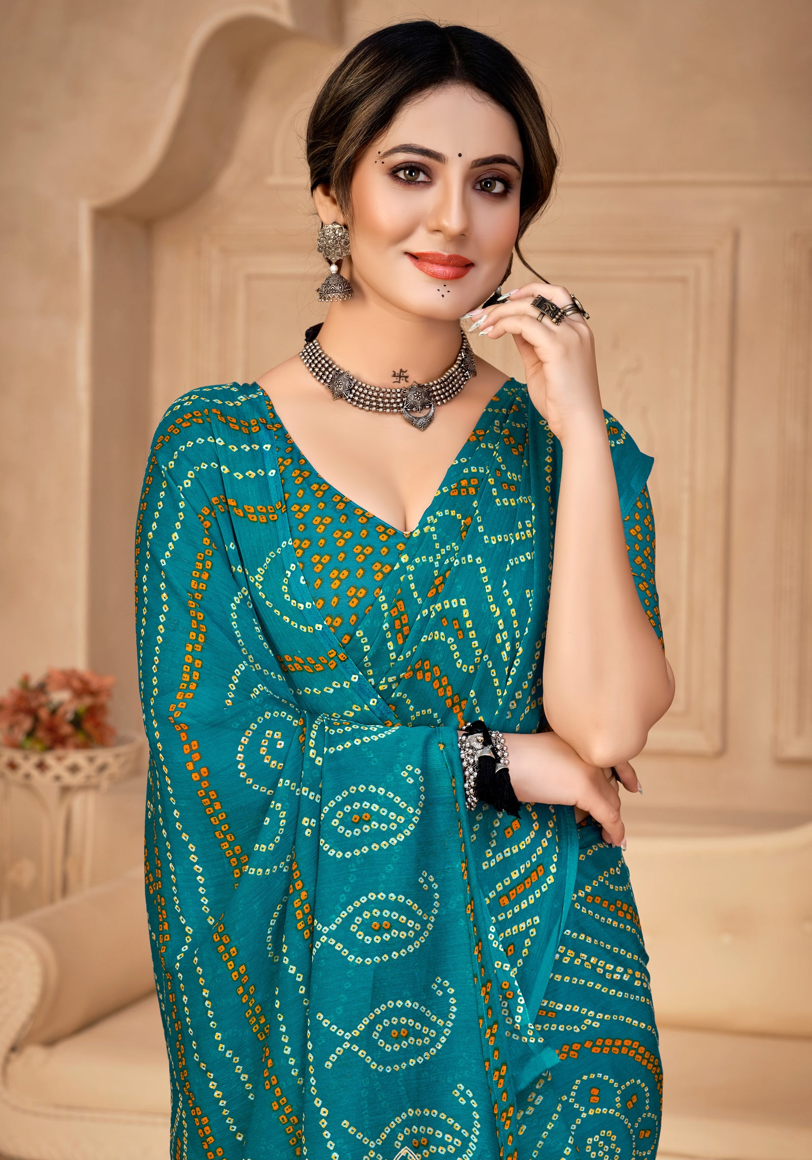 Georgette Bandhani Print Saree Festive Ethnic Wear with Blouse Piece (Blue)