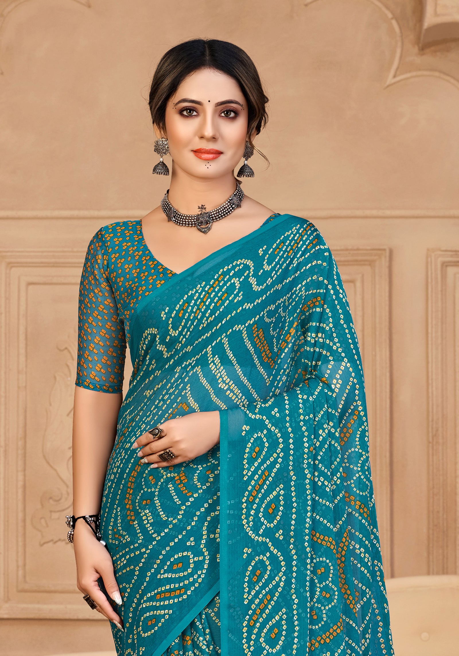Georgette Bandhani Print Saree Festive Ethnic Wear with Blouse Piece (Blue)