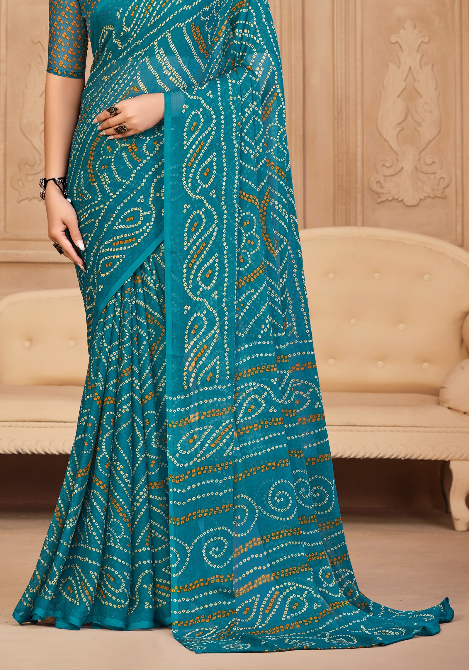 Georgette Bandhani Print Saree Festive Ethnic Wear with Blouse Piece (Blue)