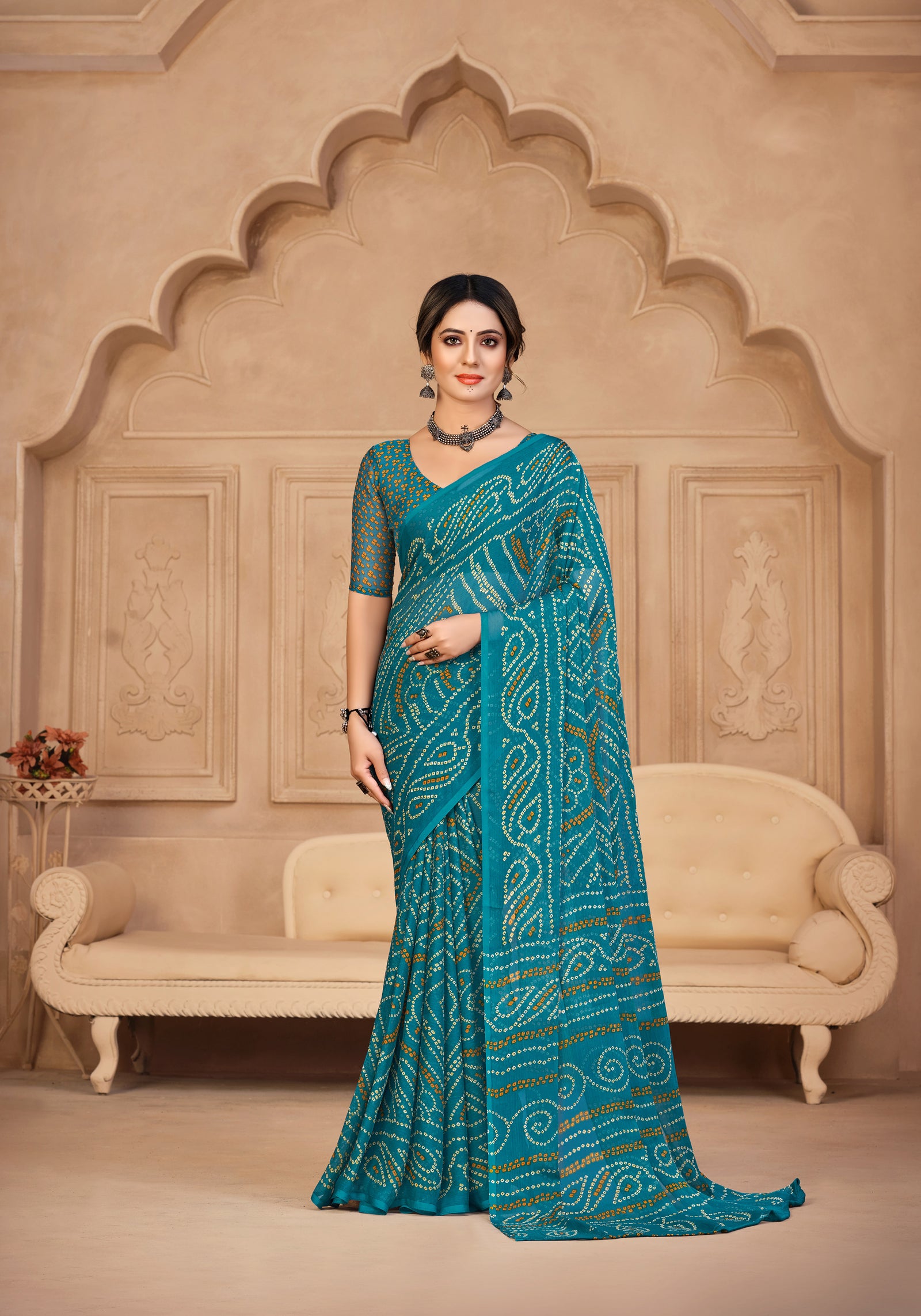 Georgette Bandhani Print Saree Festive Ethnic Wear with Blouse Piece (Blue)