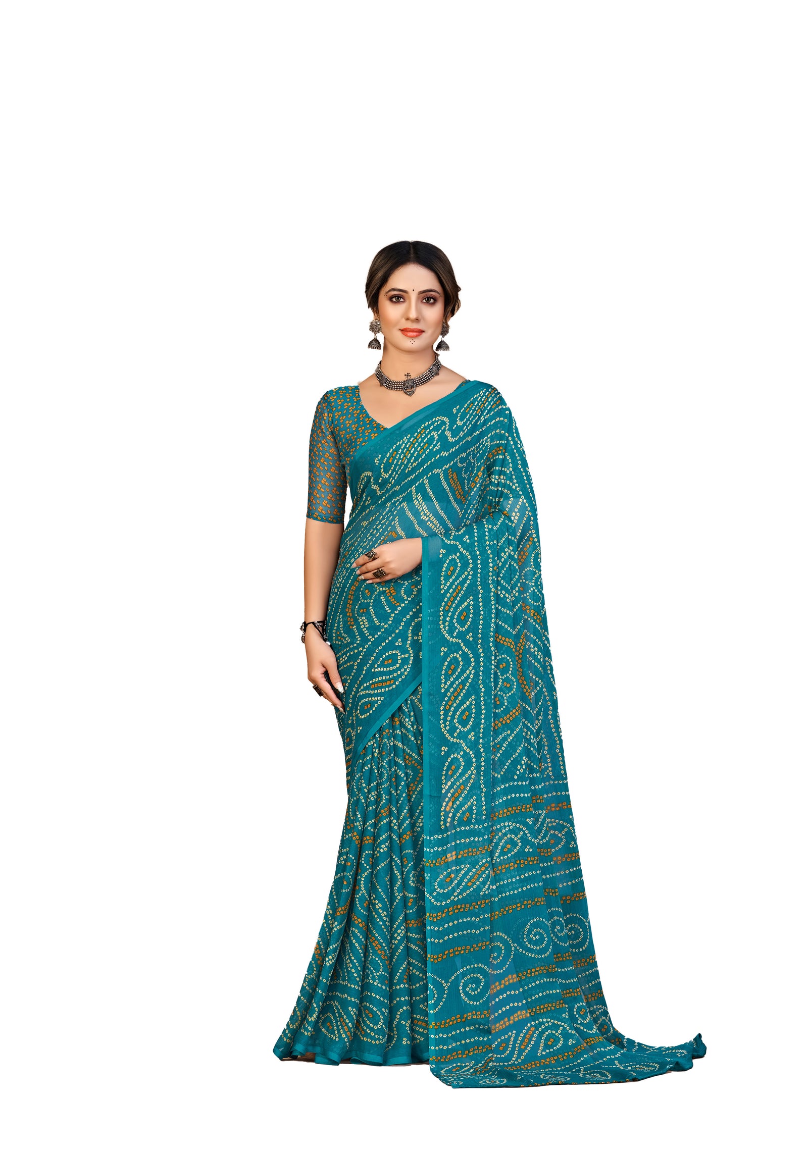 Georgette Bandhani Print Saree Festive Ethnic Wear with Blouse Piece (Blue)