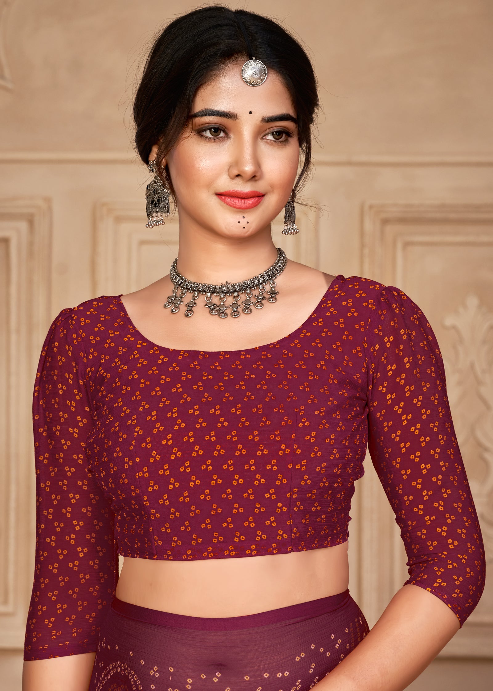 Georgette Bandhani Print Saree Festive Ethnic Wear with Blouse Piece (Maroon)