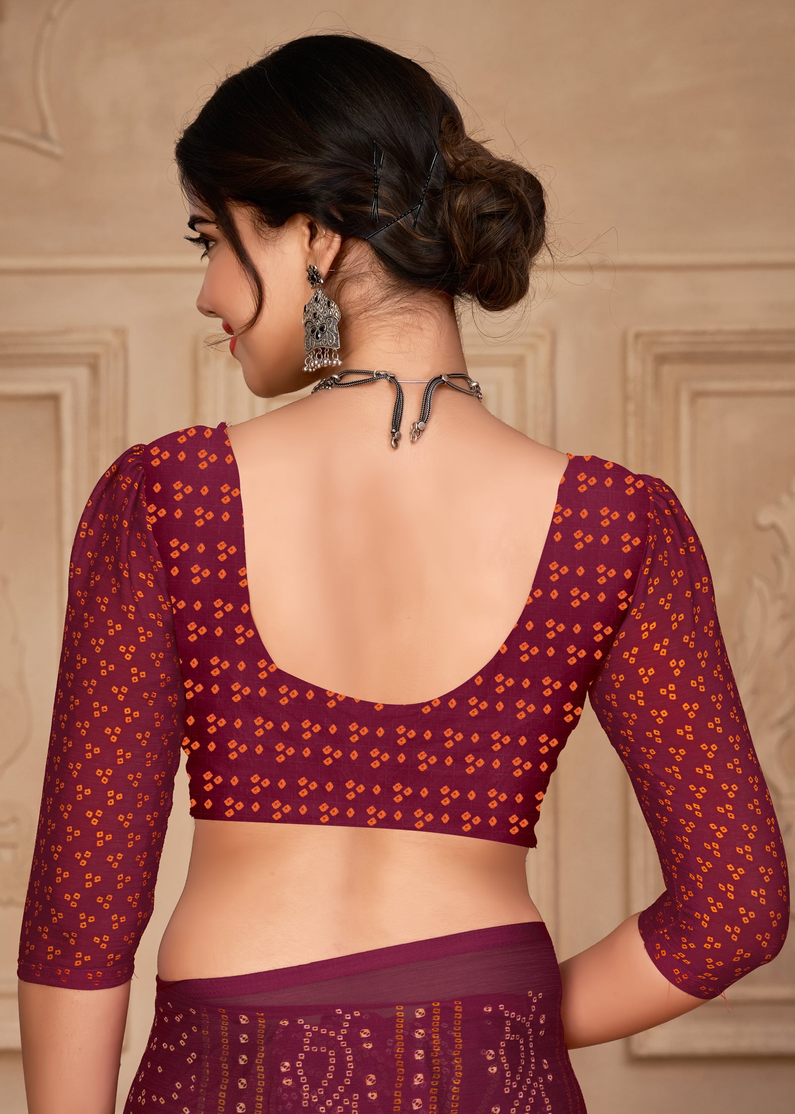 Georgette Bandhani Print Saree Festive Ethnic Wear with Blouse Piece (Maroon)