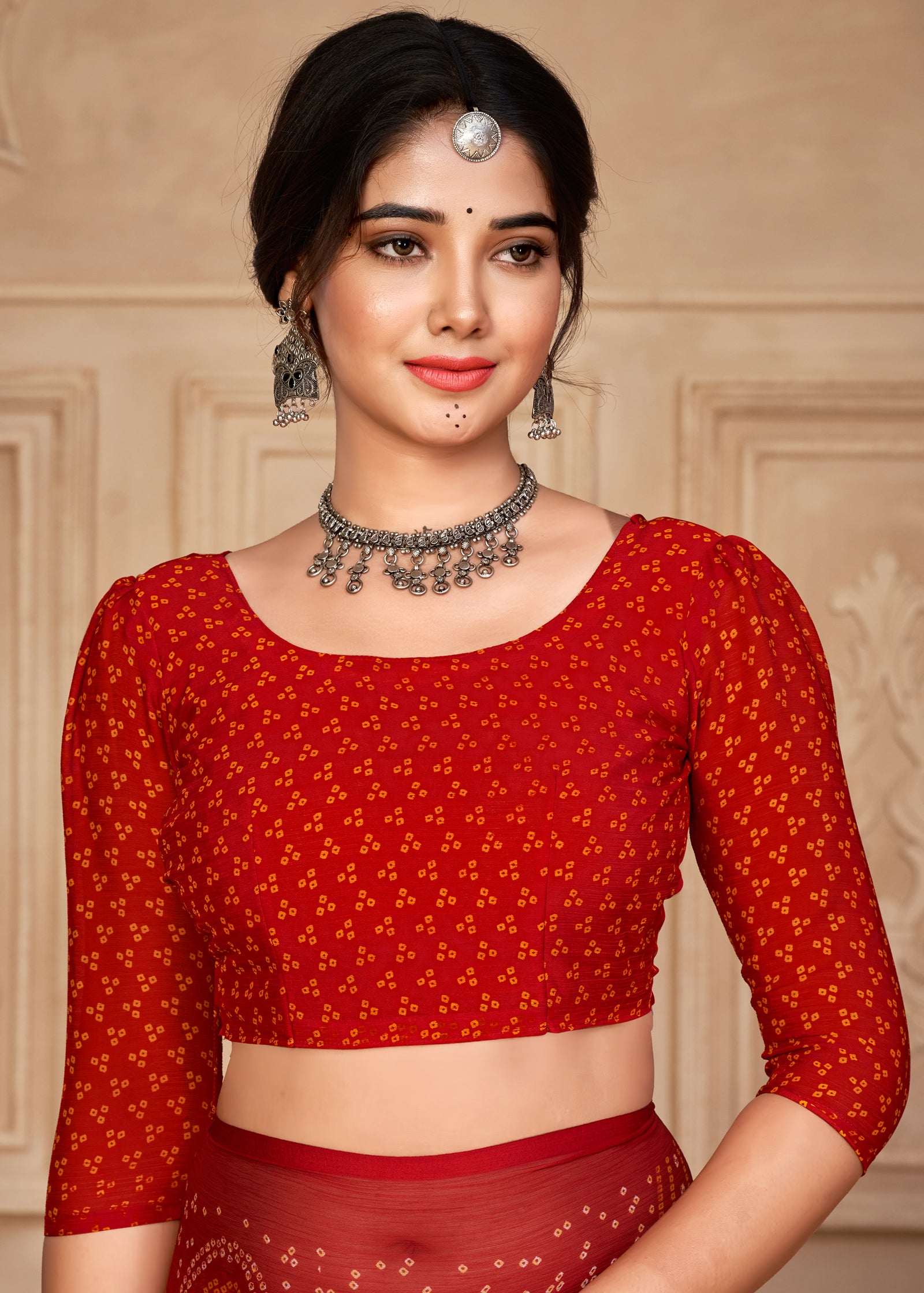 Georgette Bandhani Print Saree Festive Ethnic Wear with Blouse Piece (Red)