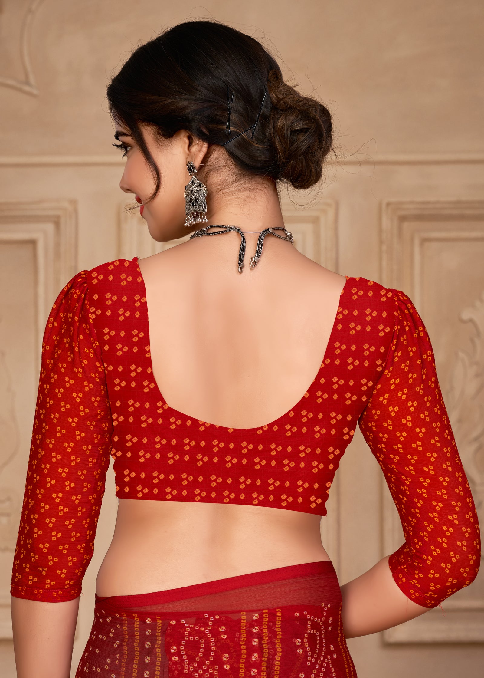 Georgette Bandhani Print Saree Festive Ethnic Wear with Blouse Piece (Red)