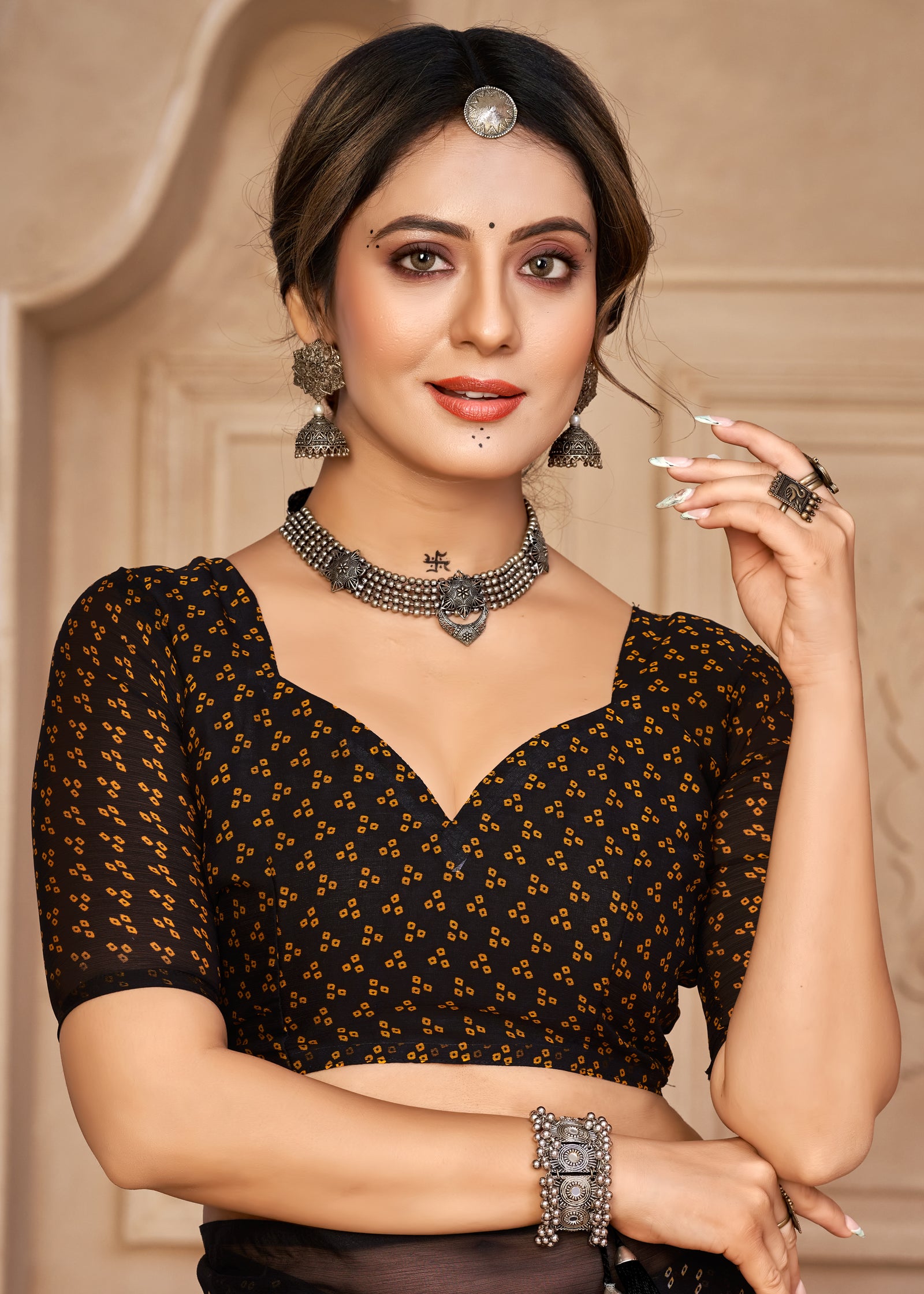 Georgette Bandhani Print Saree Festive Ethnic Wear with Blouse Piece (Black)