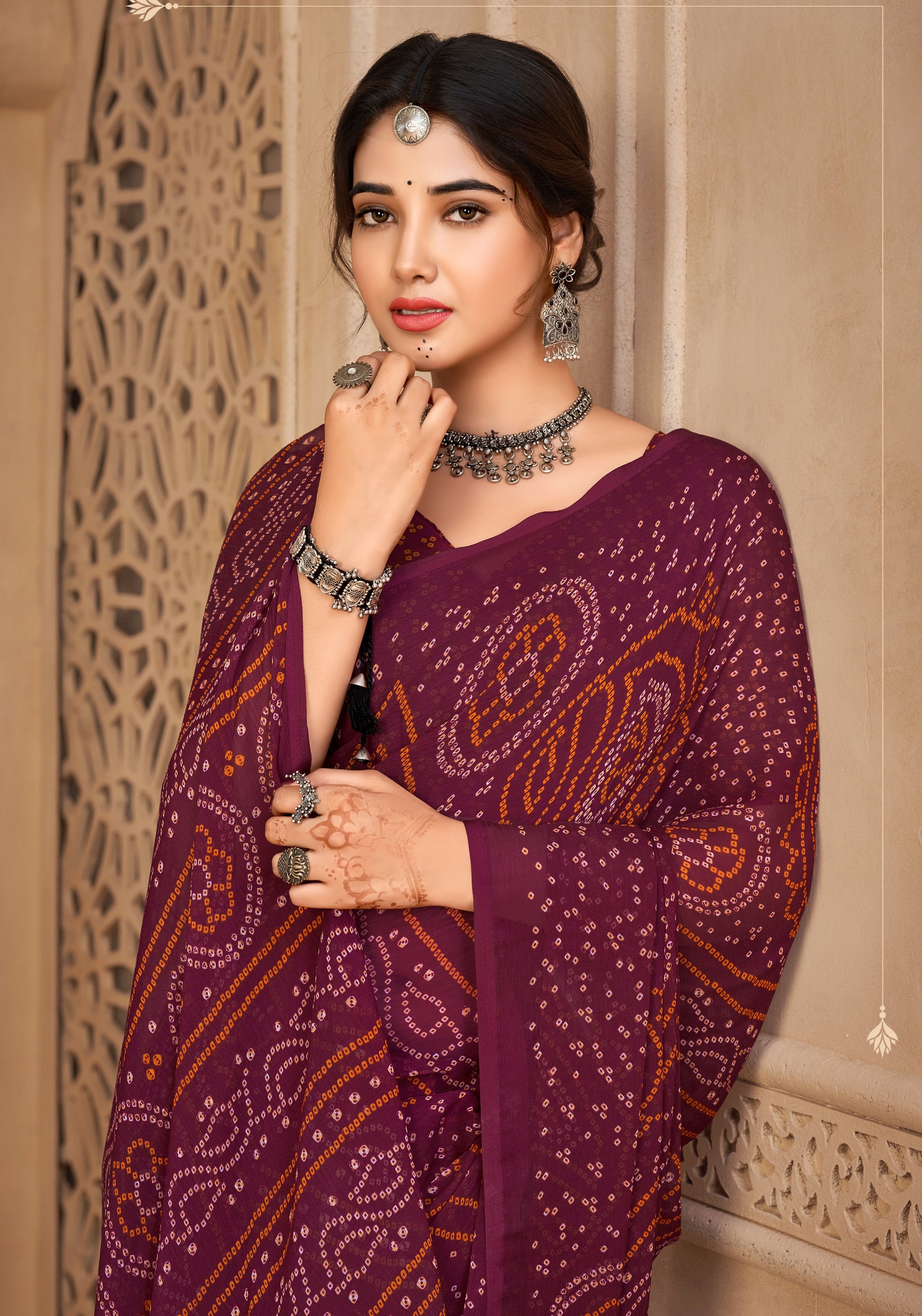 Georgette Bandhani Print Saree Festive Ethnic Wear with Blouse Piece (Maroon)