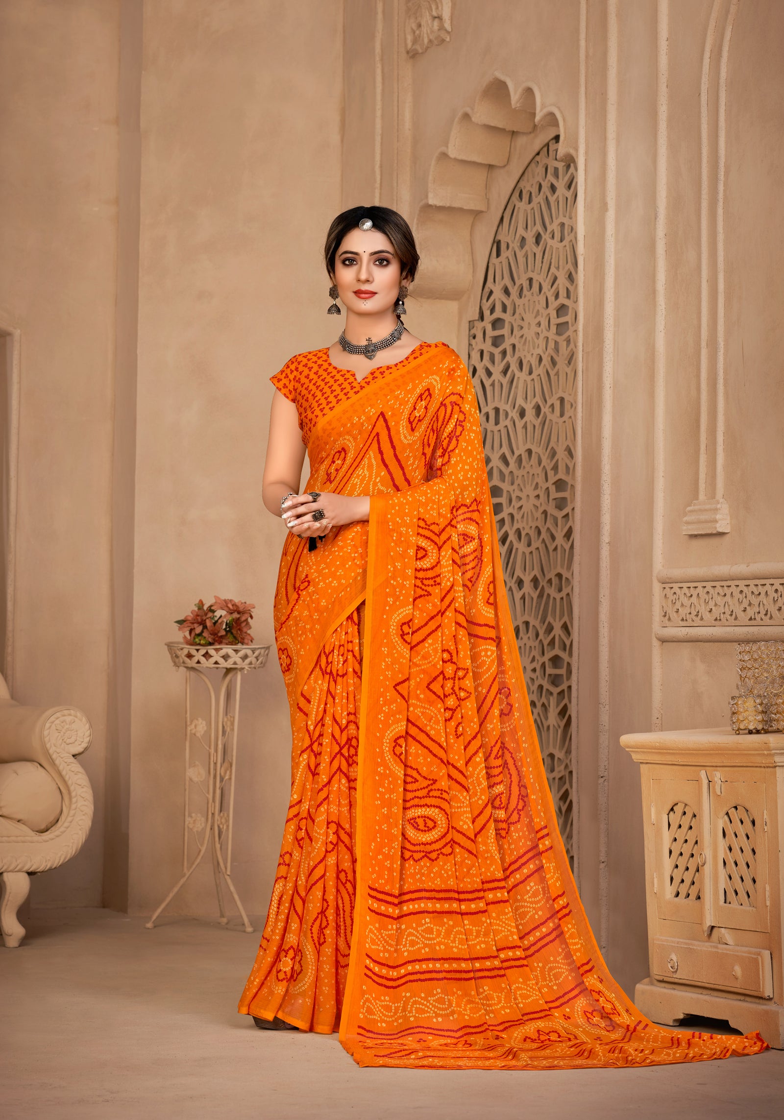 Georgette Bandhani Print Saree Festive Ethnic Wear with Blouse Piece (Orange)