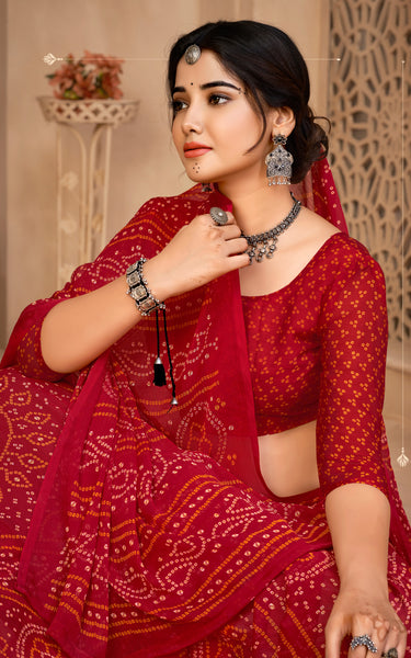 Graphic Print, Printed Bollywood Chiffon, Georgette Saree (Red)