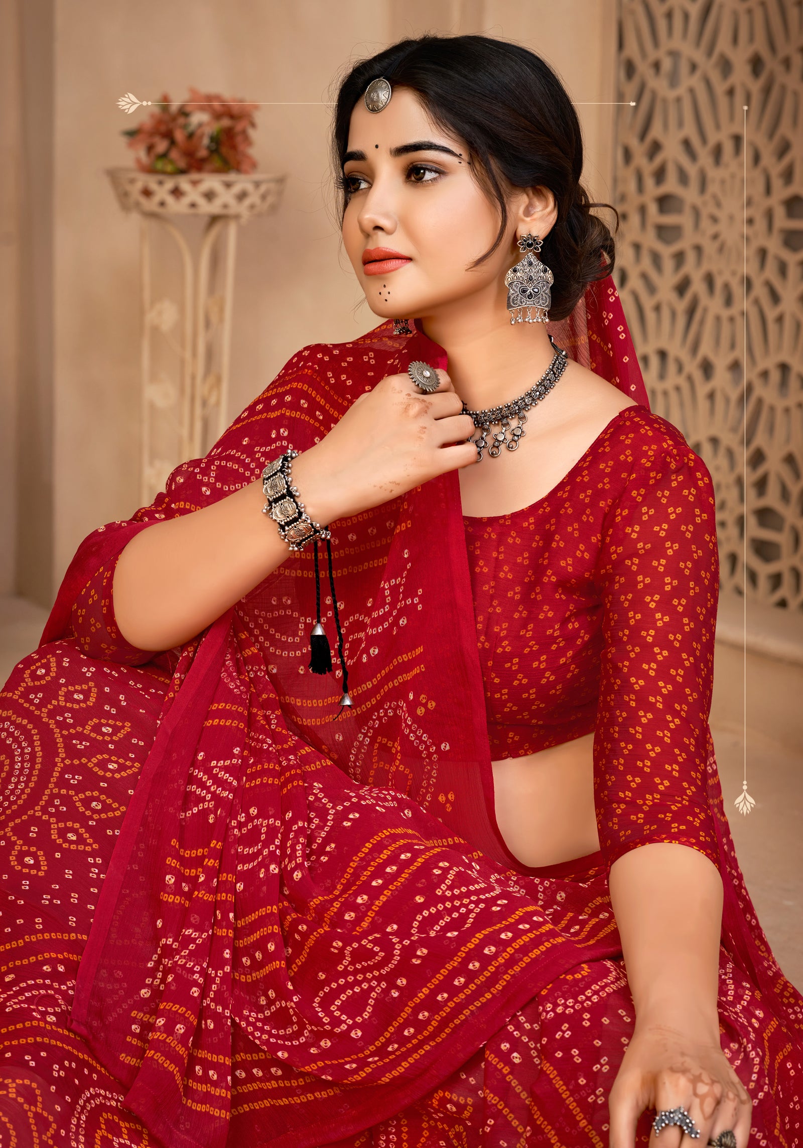 Georgette Bandhani Print Saree Festive Ethnic Wear with Blouse Piece (Red)