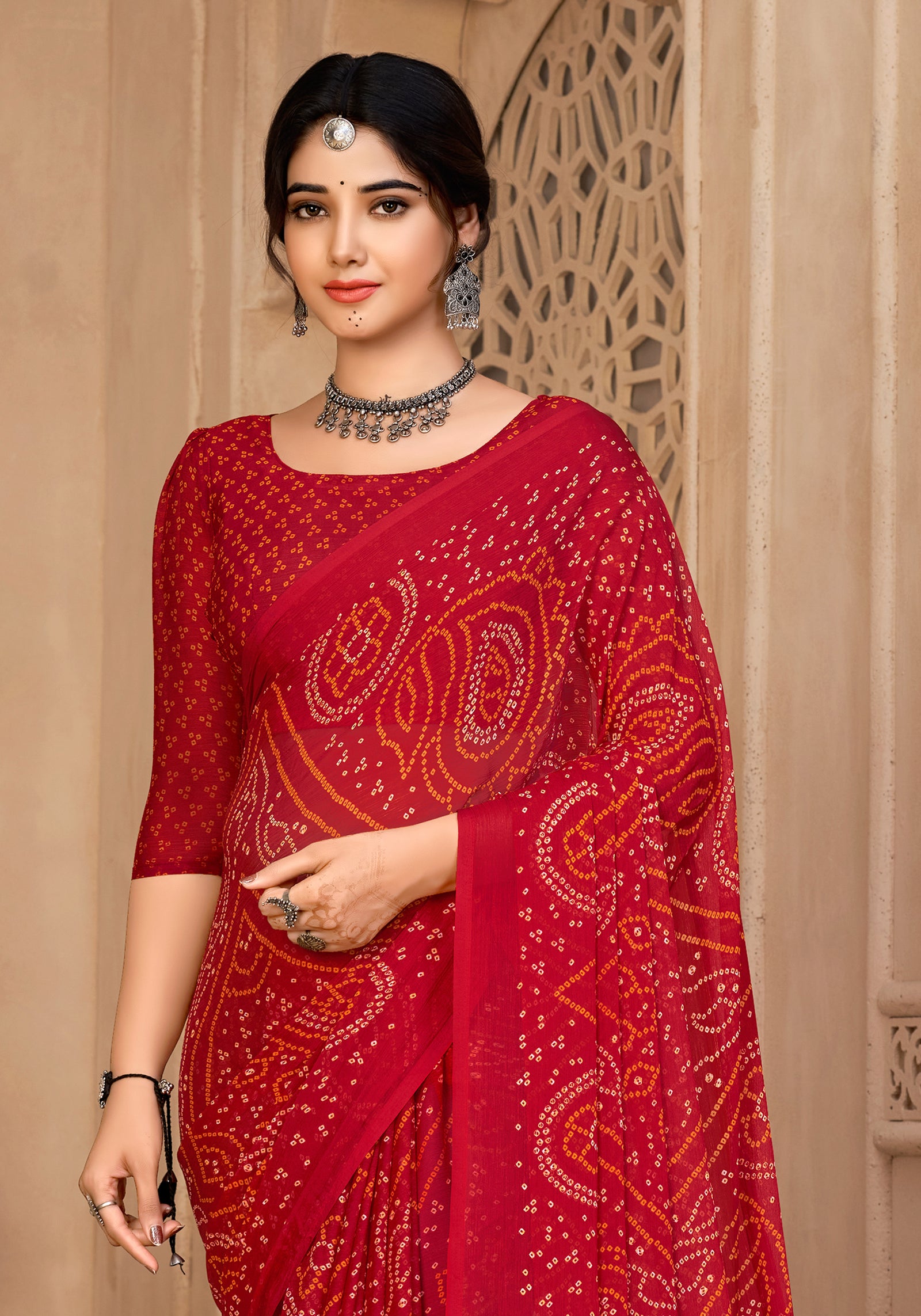 Georgette Bandhani Print Saree Festive Ethnic Wear with Blouse Piece (Red)