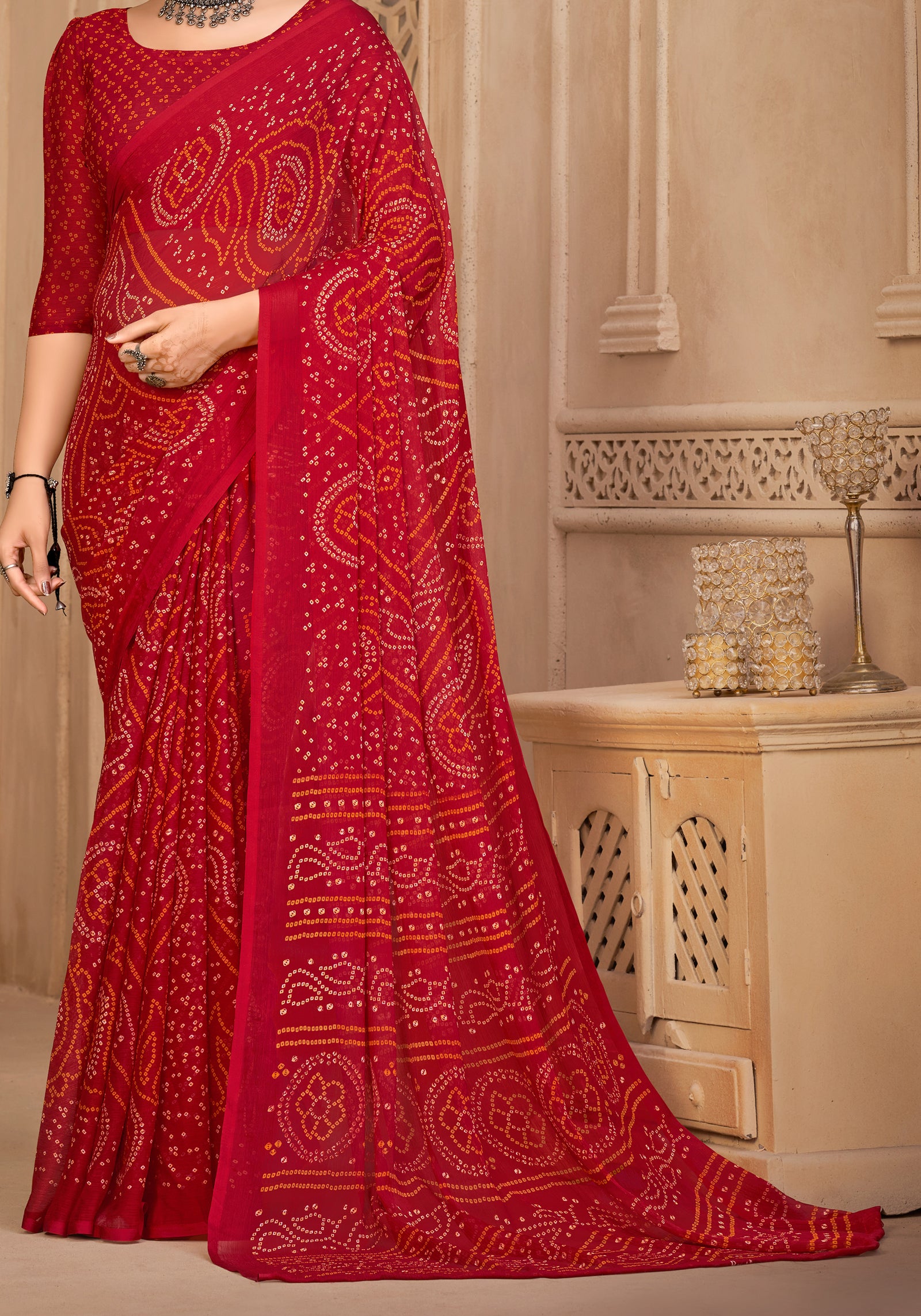 Georgette Bandhani Print Saree Festive Ethnic Wear with Blouse Piece (Red)