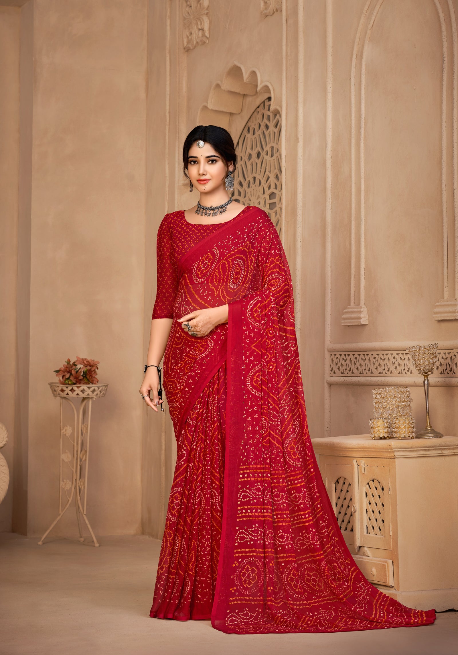 Georgette Bandhani Print Saree Festive Ethnic Wear with Blouse Piece (Red)