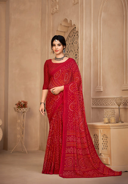 Georgette Bandhani Print Saree Festive Ethnic Wear with Blouse Piece (Red)