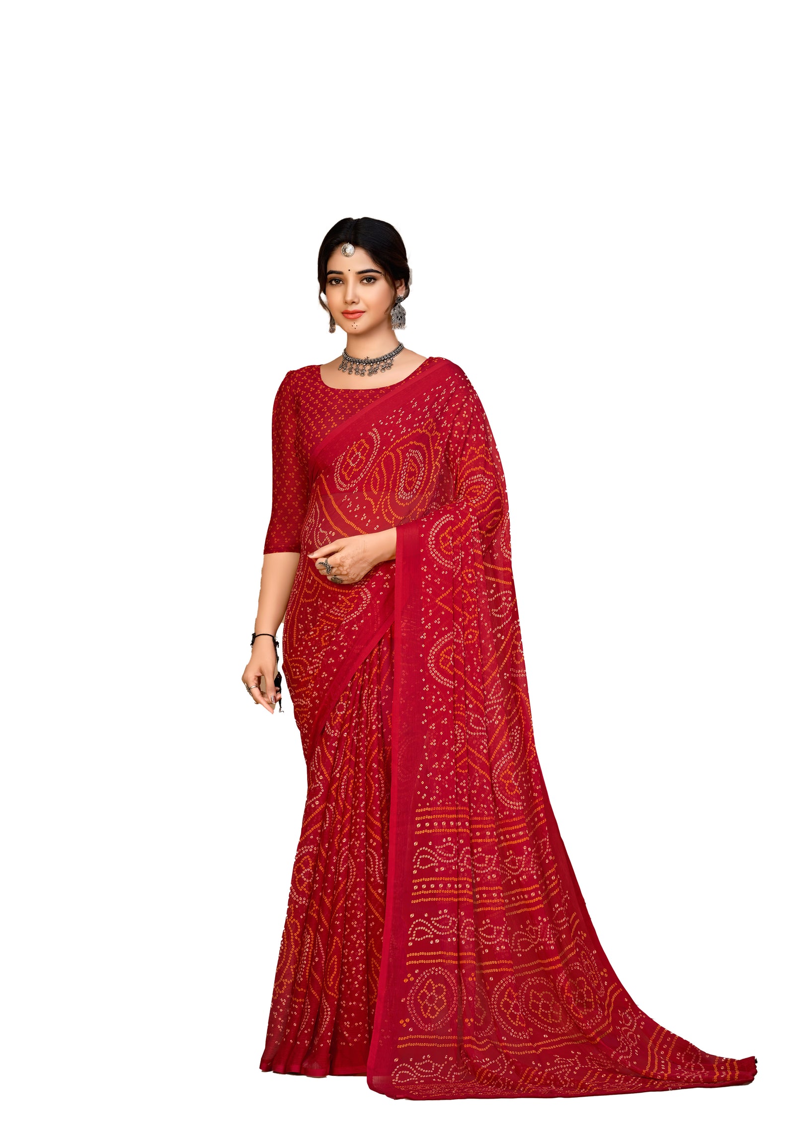 Georgette Bandhani Print Saree Festive Ethnic Wear with Blouse Piece (Red)