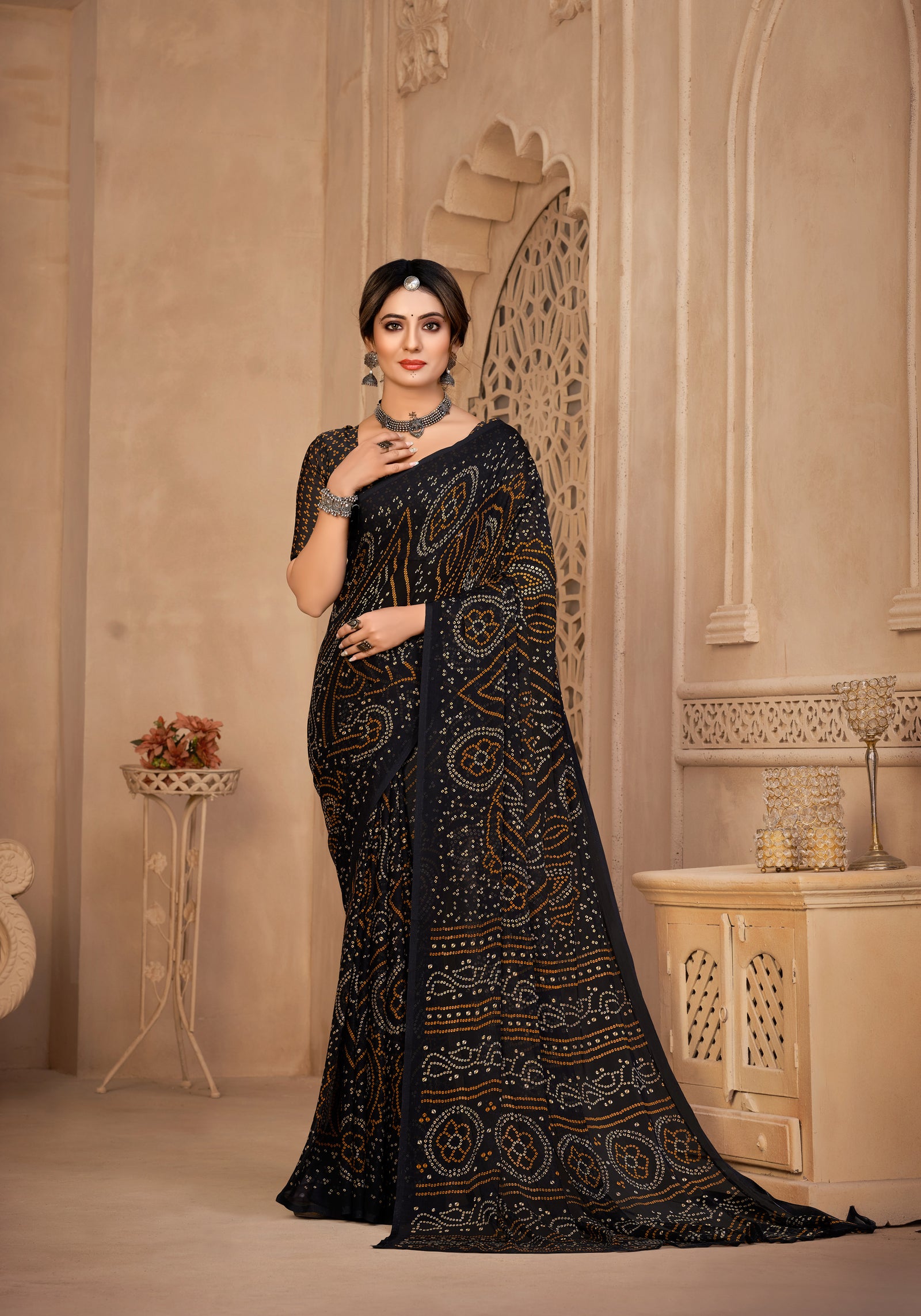 Georgette Bandhani Print Saree Festive Ethnic Wear with Blouse Piece (Black)