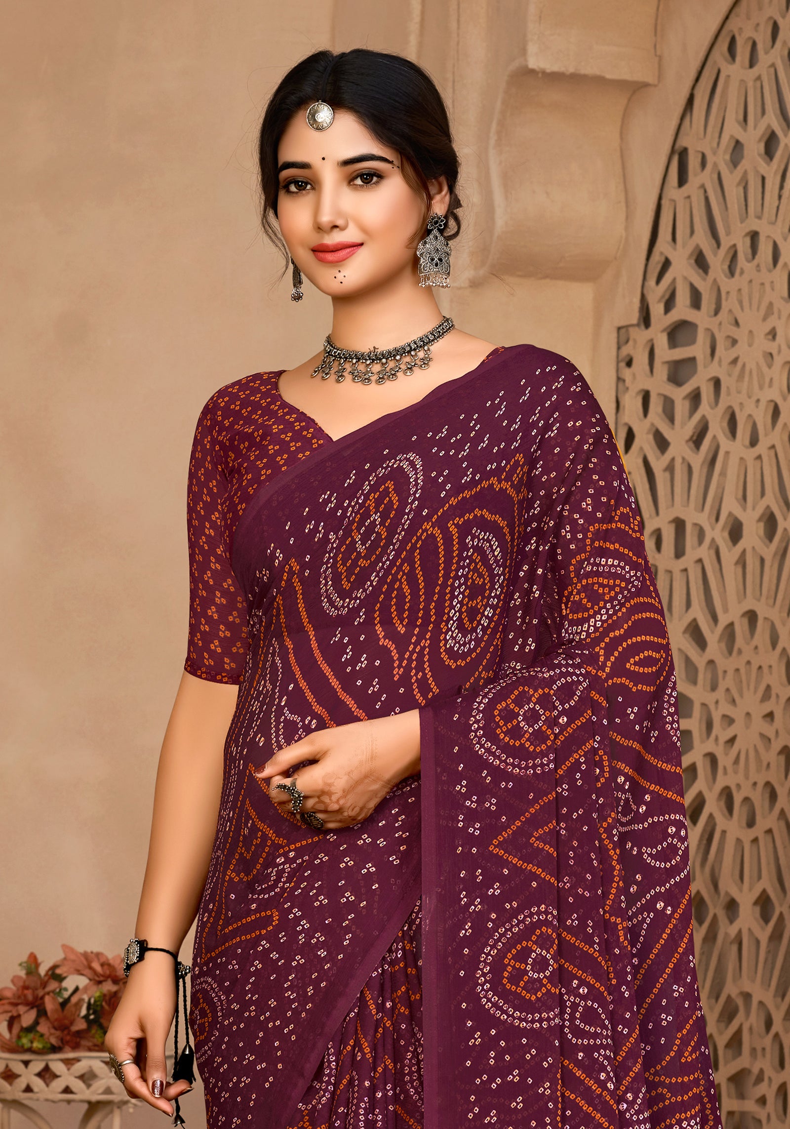 Georgette Bandhani Print Saree Festive Ethnic Wear with Blouse Piece (Maroon)