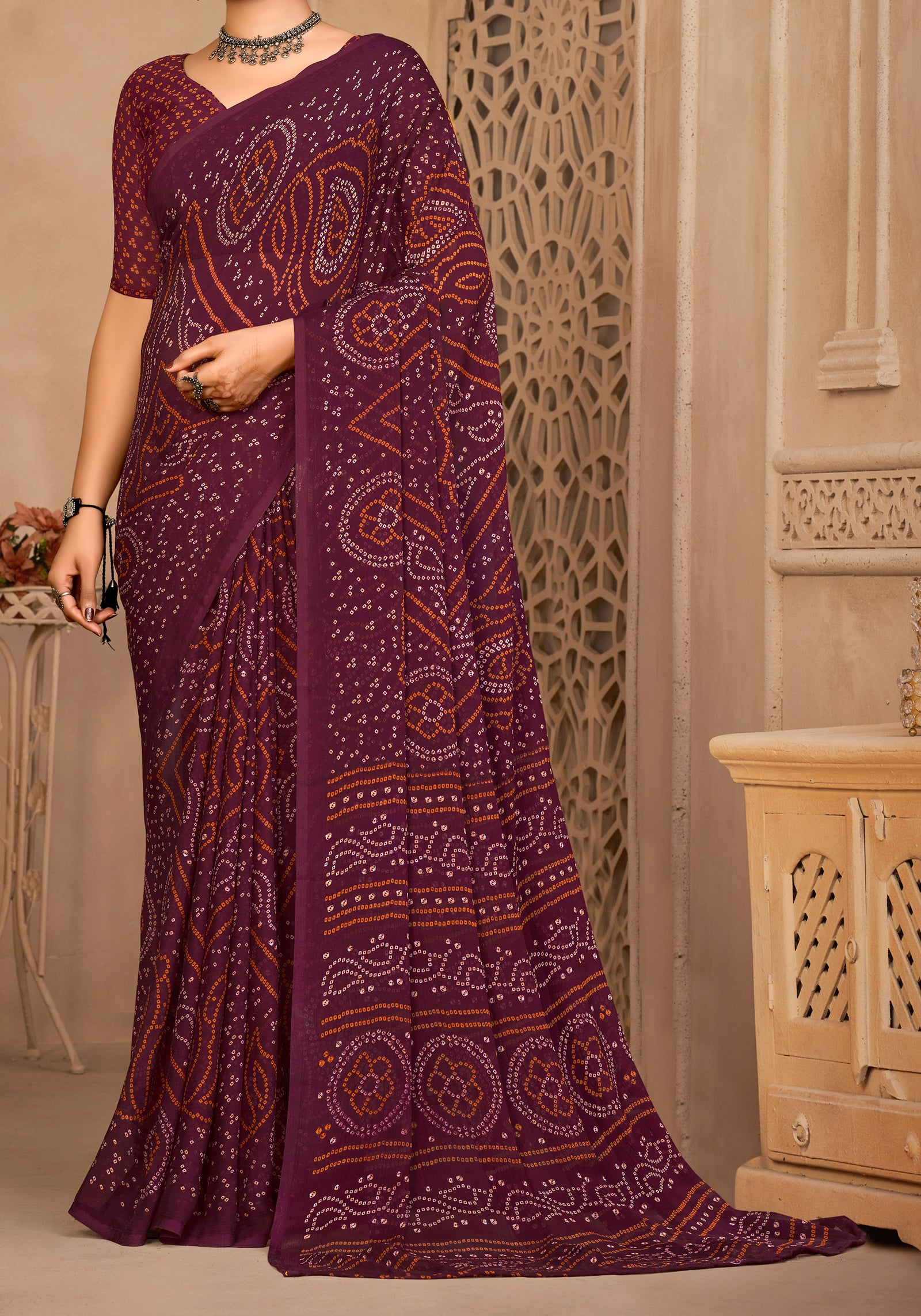Georgette Bandhani Print Saree Festive Ethnic Wear with Blouse Piece (Maroon)