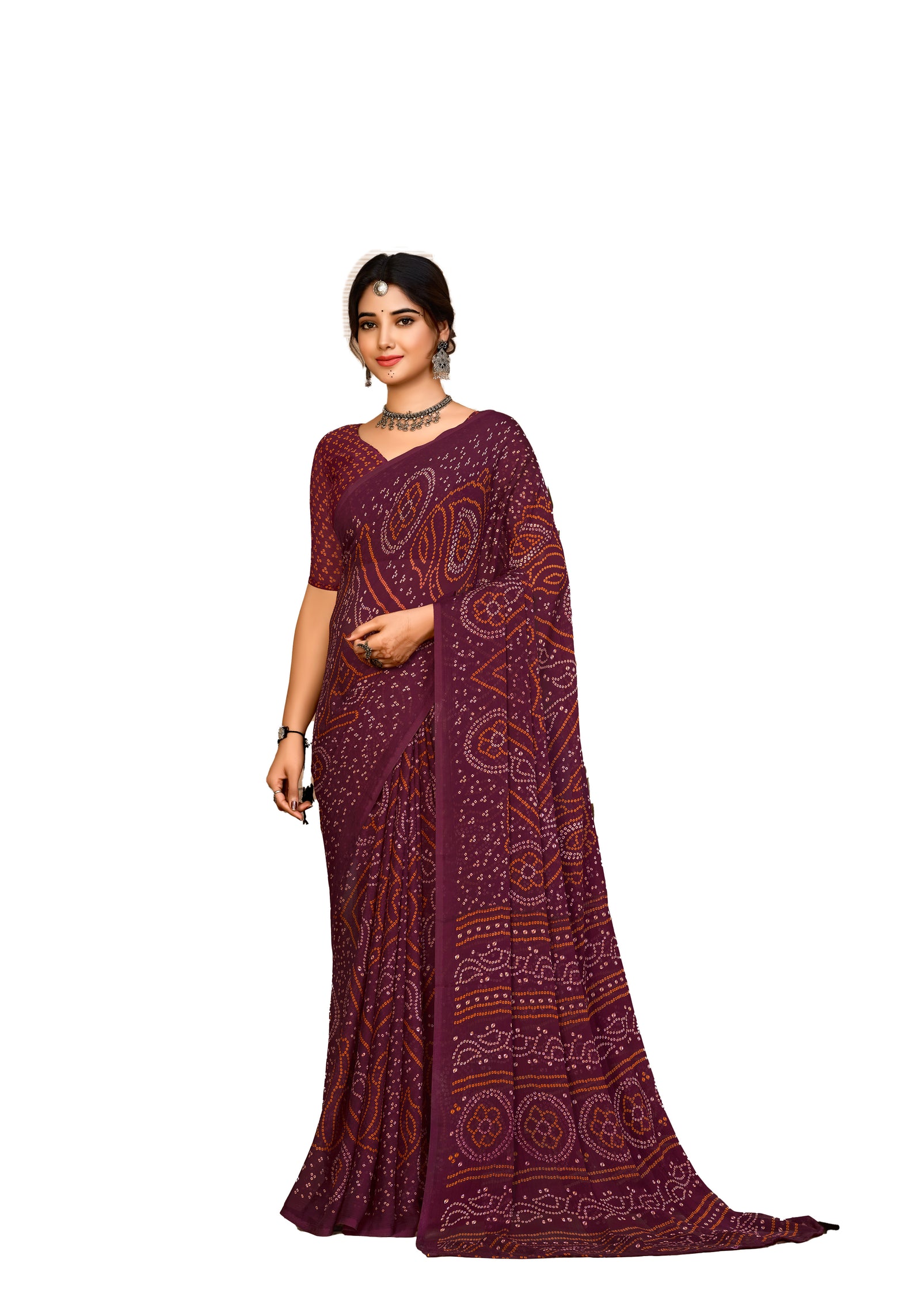 Georgette Bandhani Print Saree Festive Ethnic Wear with Blouse Piece (Maroon)