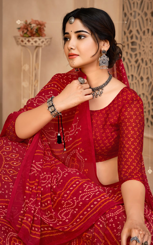 Graphic Print, Printed Bollywood Chiffon, Georgette Saree (Red)