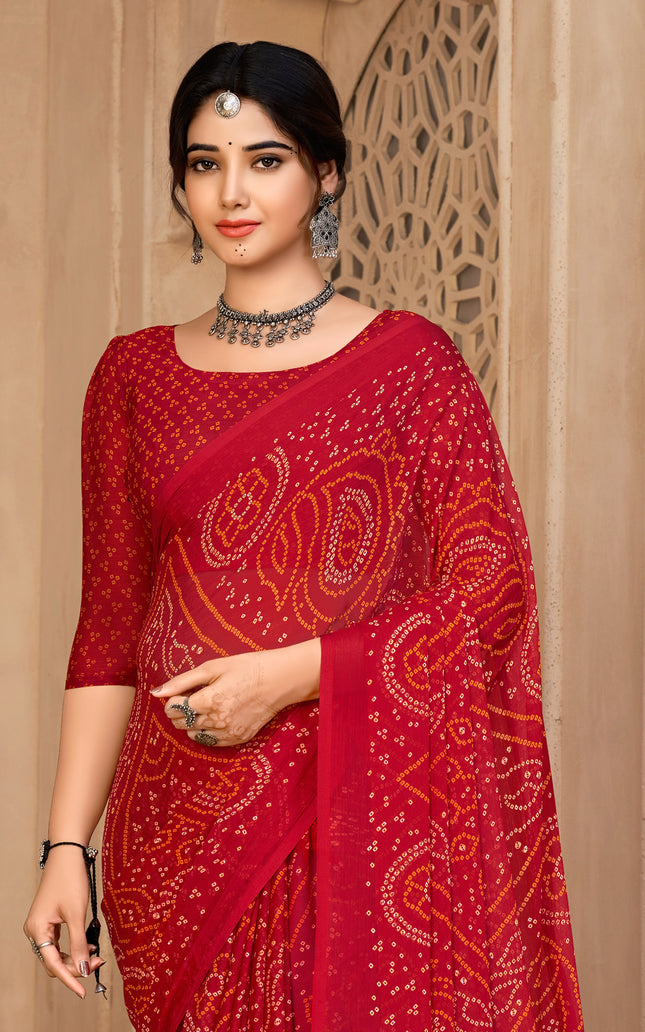 Graphic Print, Printed Bollywood Chiffon, Georgette Saree (Red)