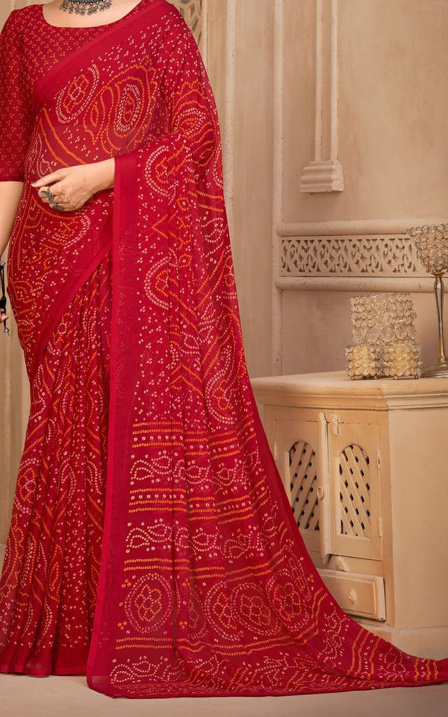 Graphic Print, Printed Bollywood Chiffon, Georgette Saree (Red)