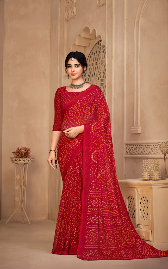 Graphic Print, Printed Bollywood Chiffon, Georgette Saree (Red)