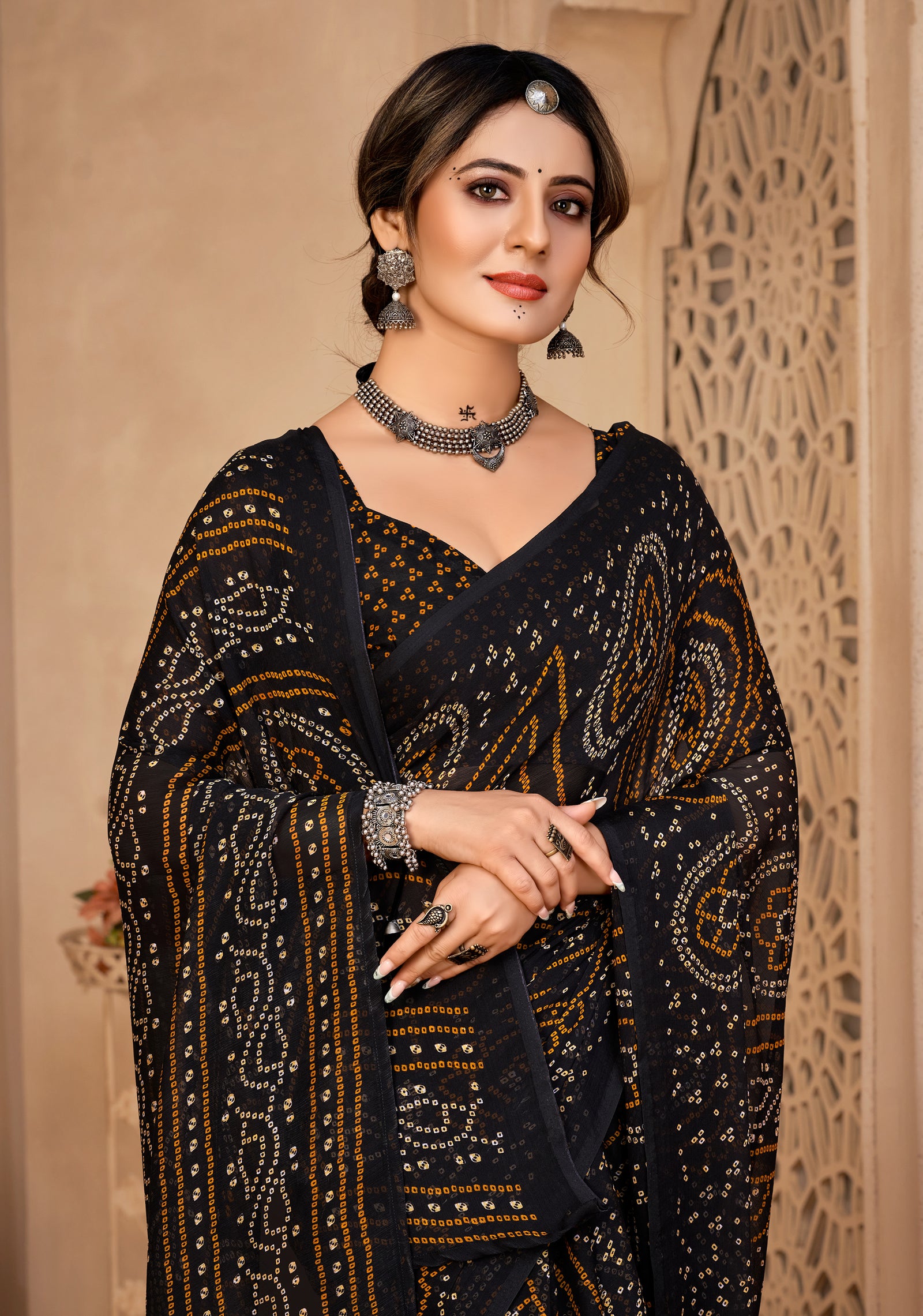 Georgette Bandhani Print Saree Festive Ethnic Wear with Blouse Piece (Black)