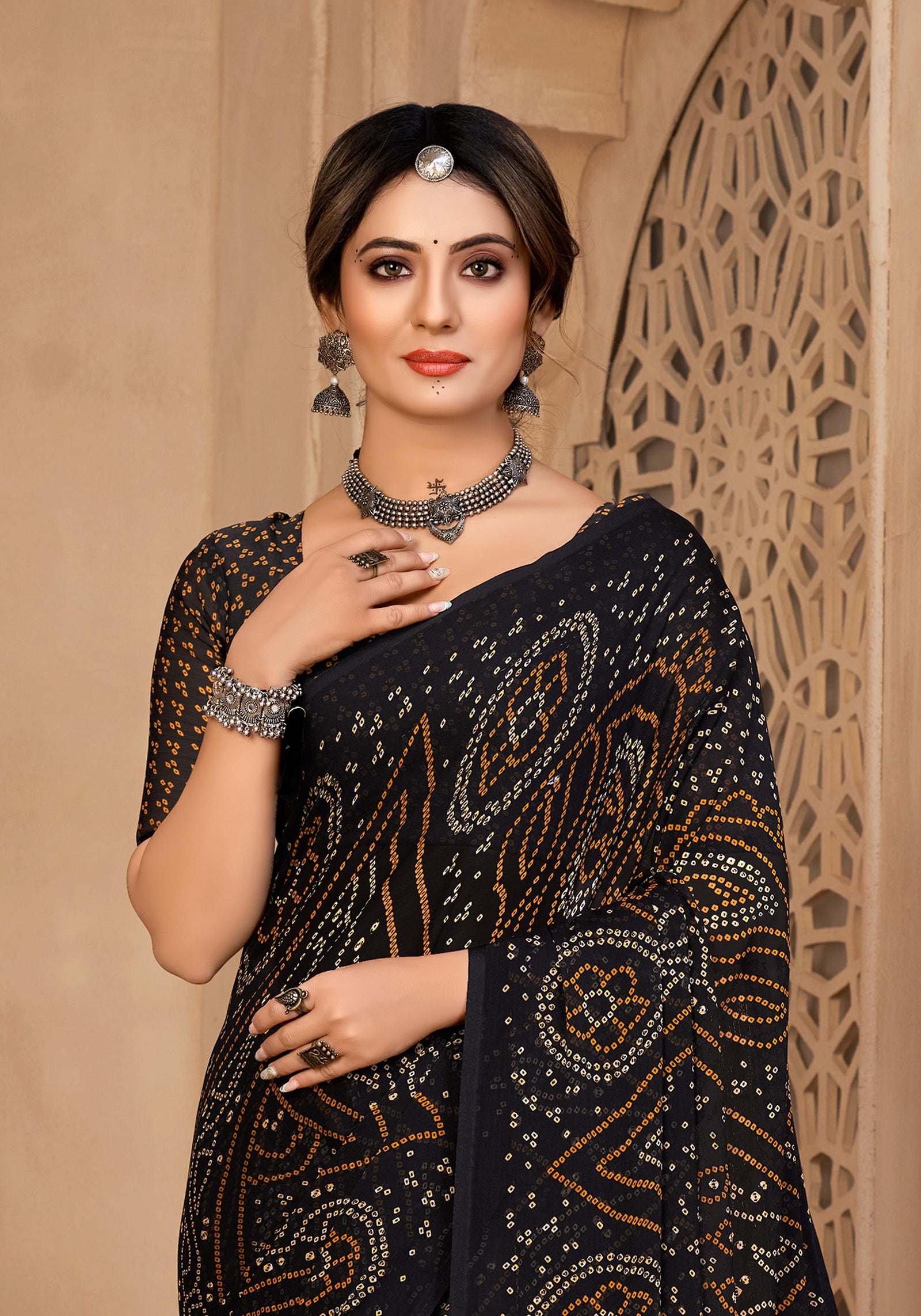 Georgette Bandhani Print Saree Festive Ethnic Wear with Blouse Piece (Black)